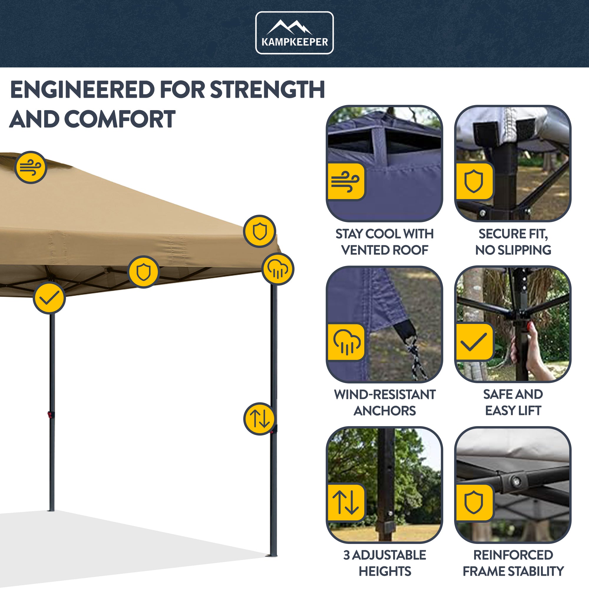 KAMPKEEPER 10x10 Pop Up Canopy Tent with 2 Sidewalls for Outdoor Use, Khaki