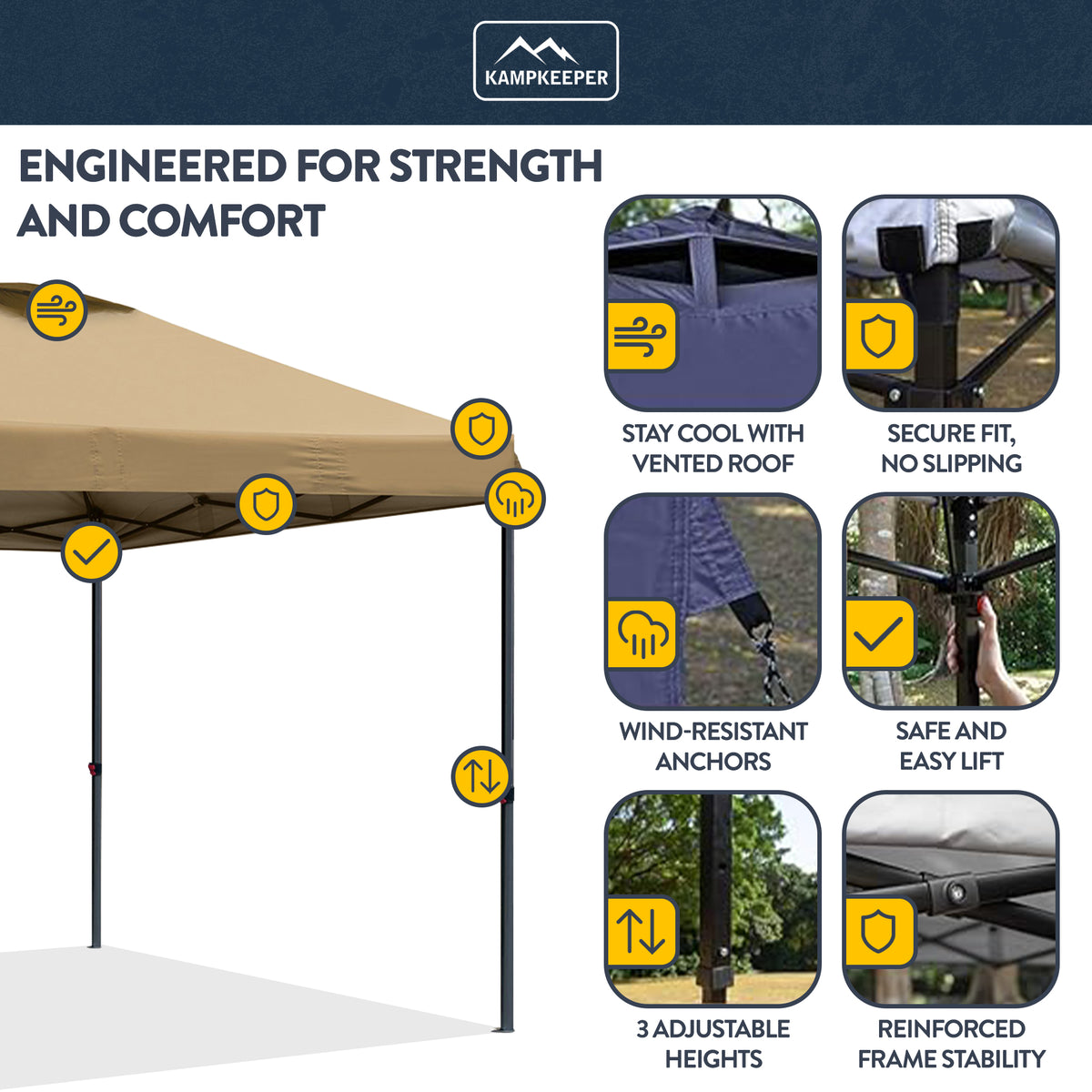 KAMPKEEPER 10x10 Pop Up Canopy w/2 Sidewalls for Outdoor Use, Khaki (Open Box)