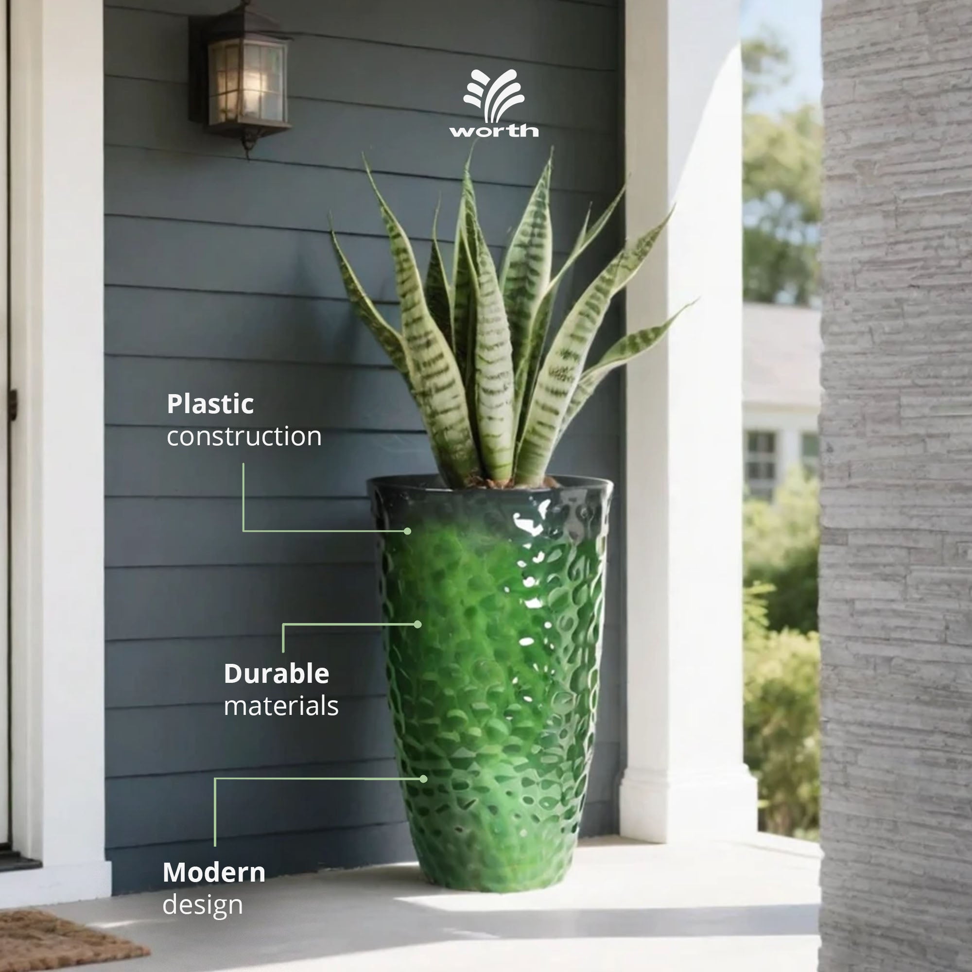Worth 2 Pack 24" Tall Large Plastic Planter with Drainage Hole, Glossy Green