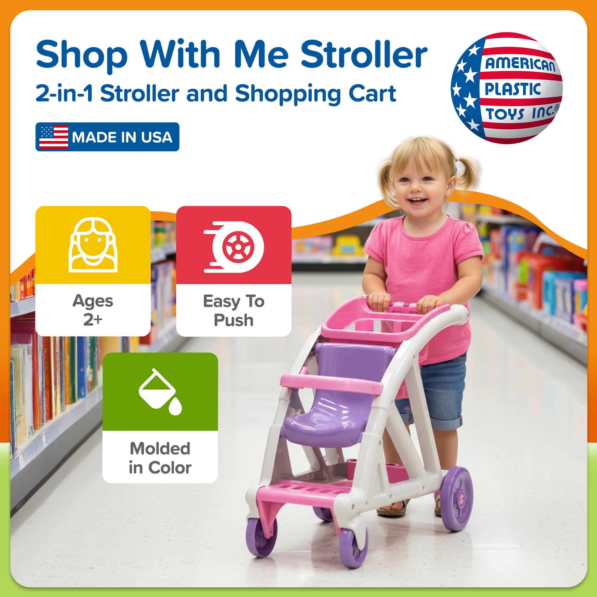 American Plastic Toys Shop w/Me Stroller for Toddler & Kids Ages 2+ (Open Box) - VMInnovations