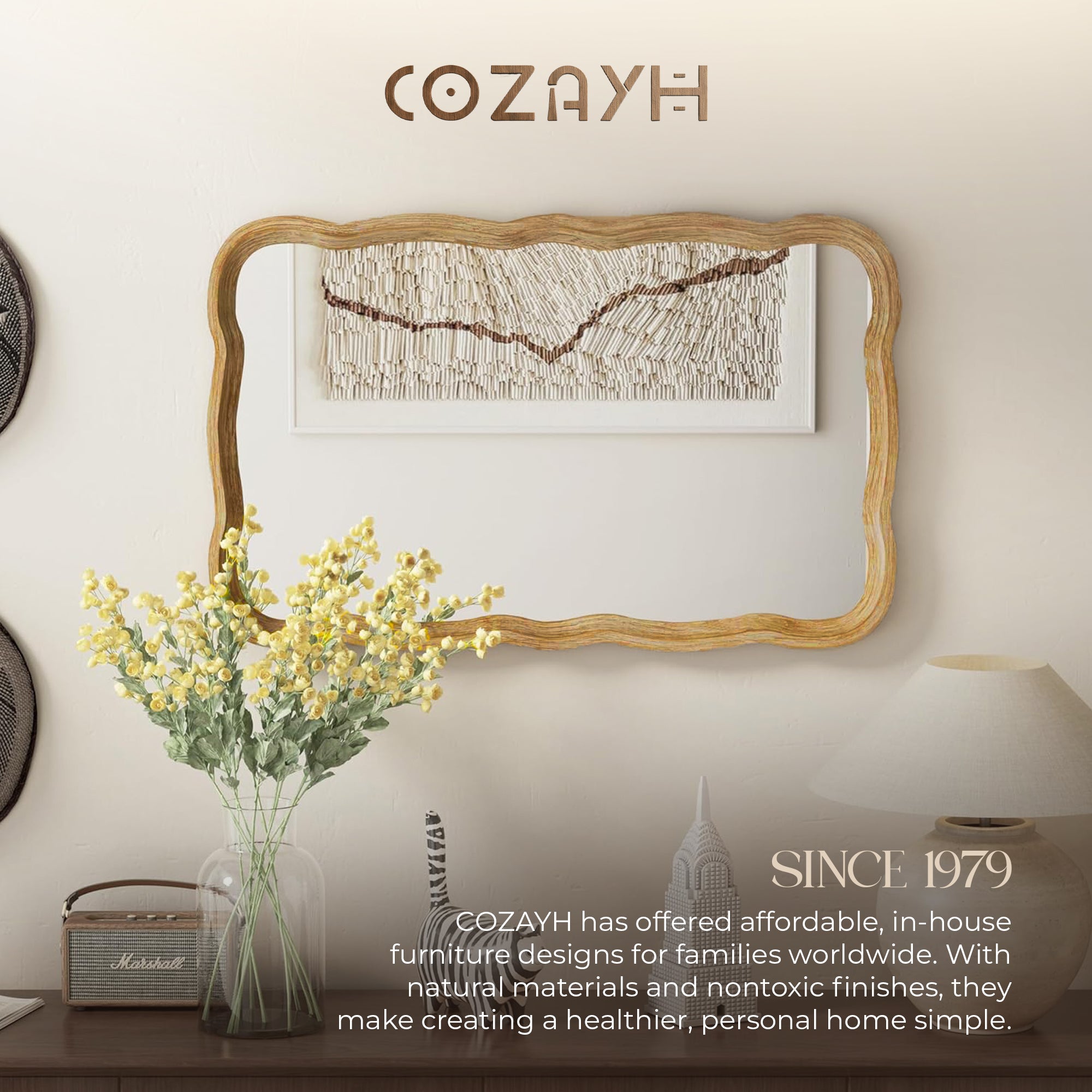 COZAYH Curved Wood Frame Accent Mirror, Modern Farmhouse Wall Decor (Open Box) - VMInnovations