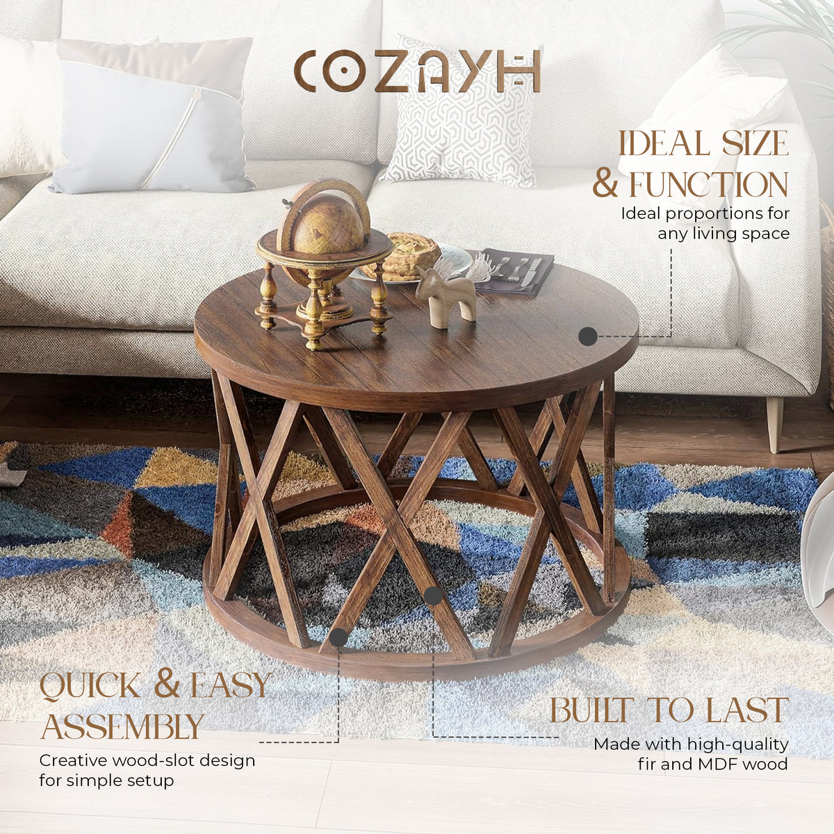 COZAYH Rustic Coffee Table with X-Motif Base for Living Room, Brown (Open Box) - VMInnovations