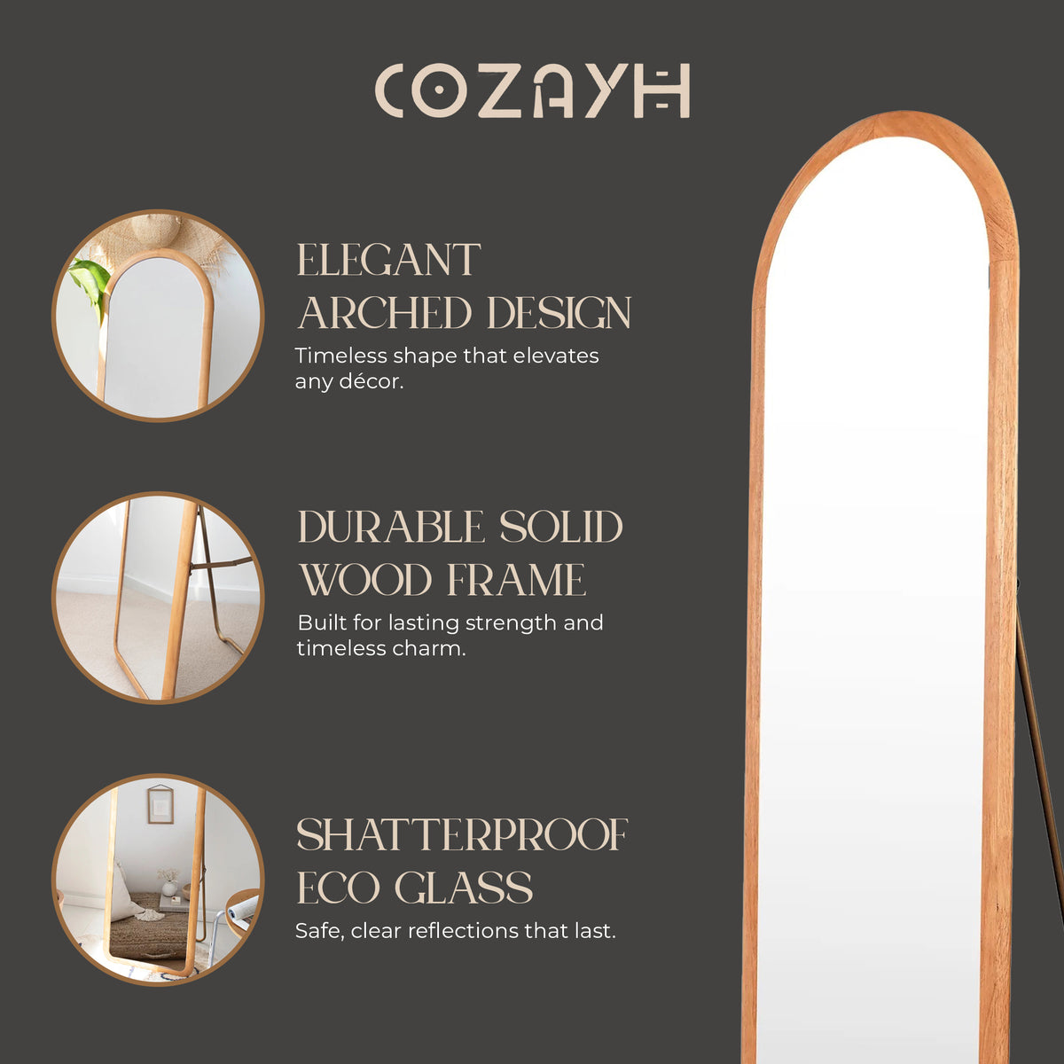 COZAYH Arched Full Length Mirror with Stand, Solid Wood Frame (Open Box) - VMInnovations