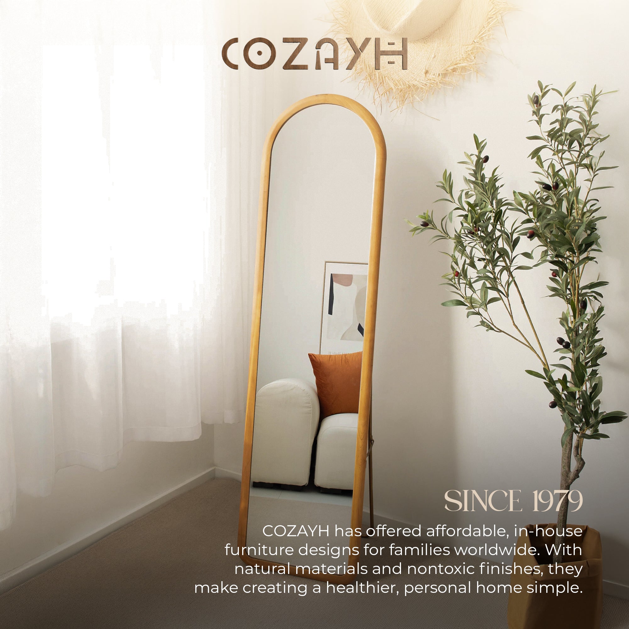 COZAYH Arched Full Length Mirror with Stand, Solid Wood Frame (Open Box) - VMInnovations