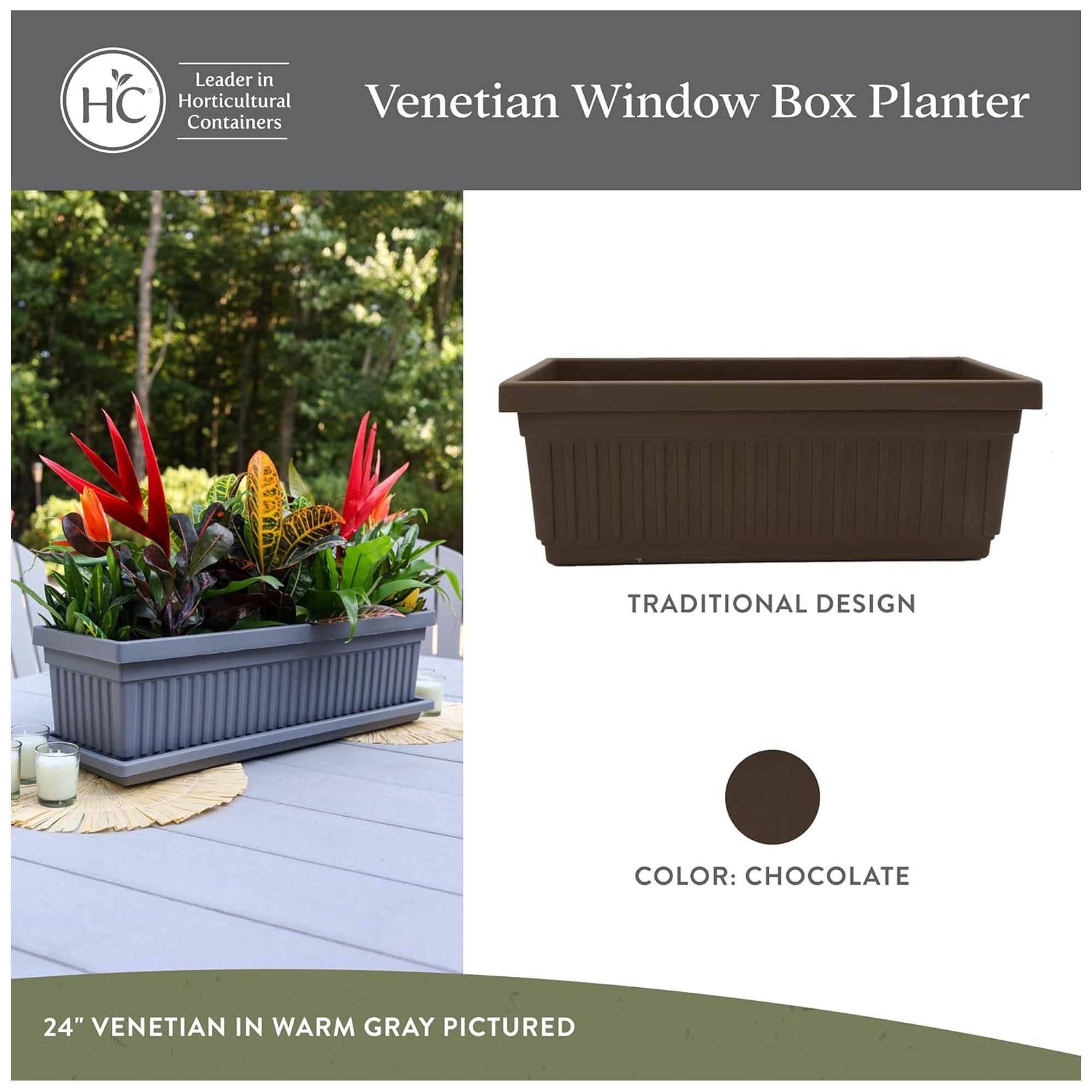 The HC Companies 18-Inch Venetian Window Planter Box with Drain Plug, Chocolate