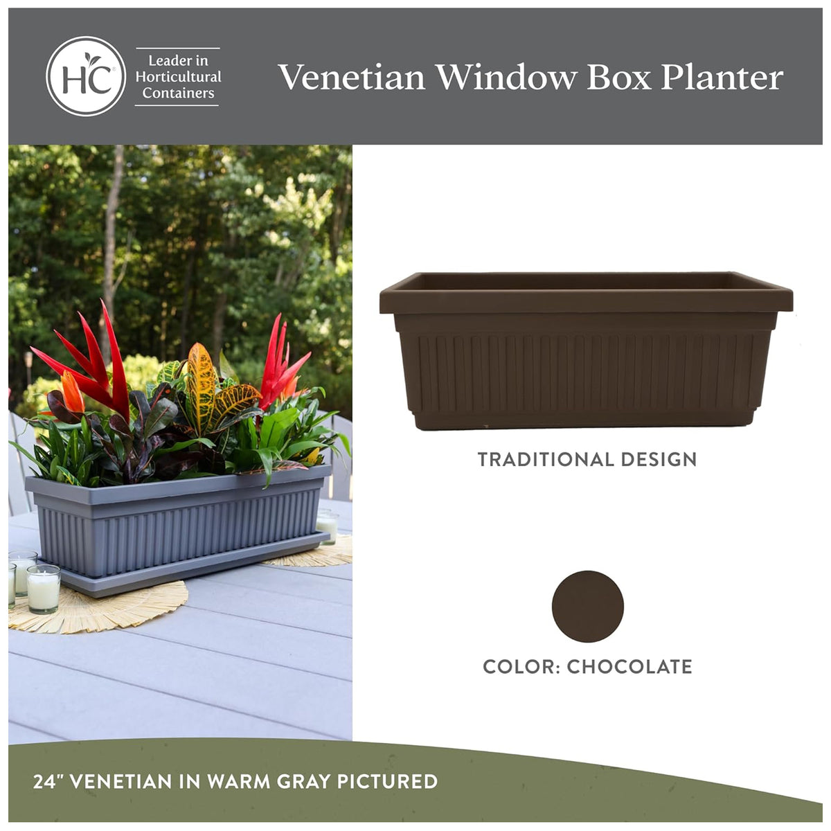 The HC Companies 18-Inch Venetian Window Planter Box with Drain Plug, Chocolate