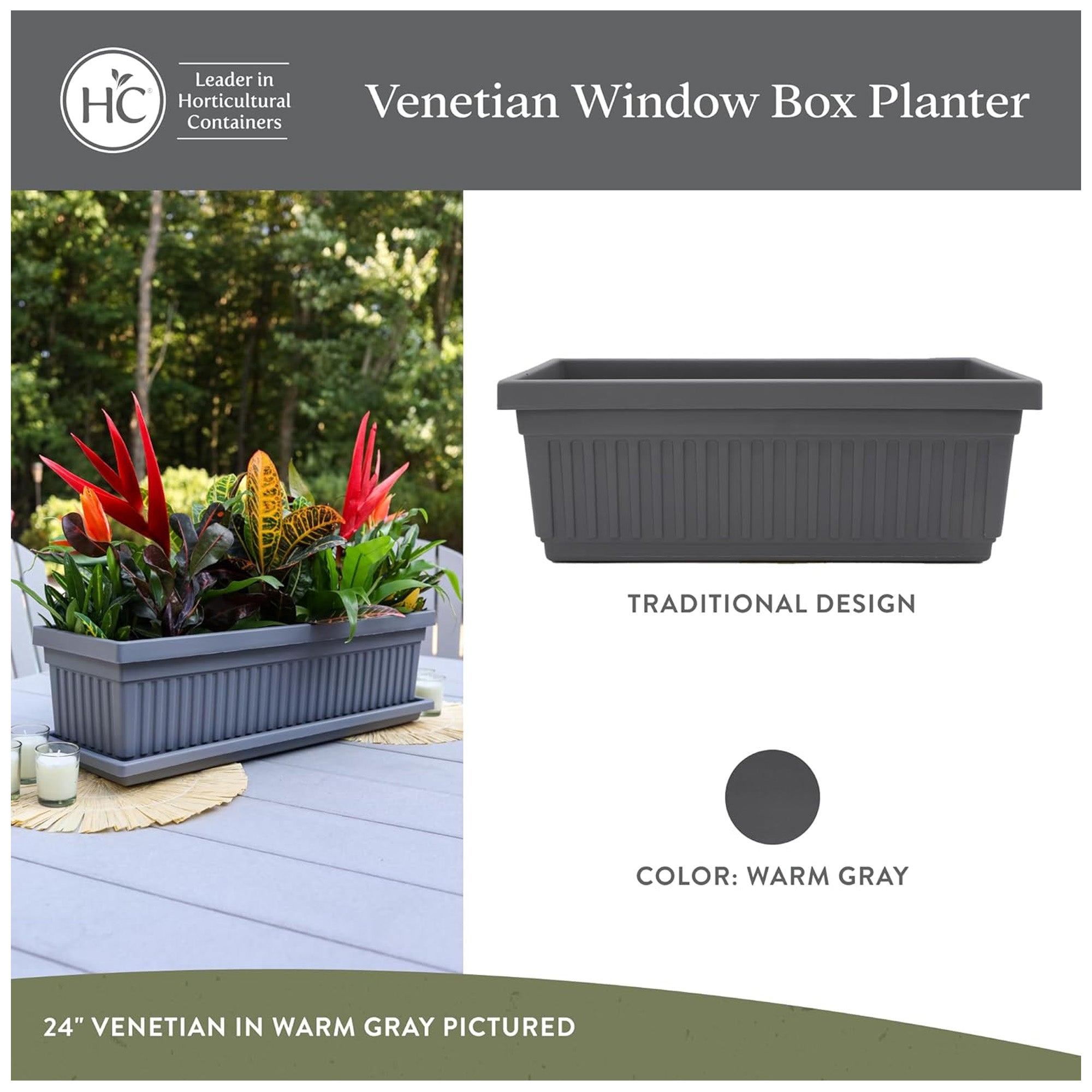 The HC Companies 24-Inch Venetian Window Planter Box with Drain Plug, Warm Gray