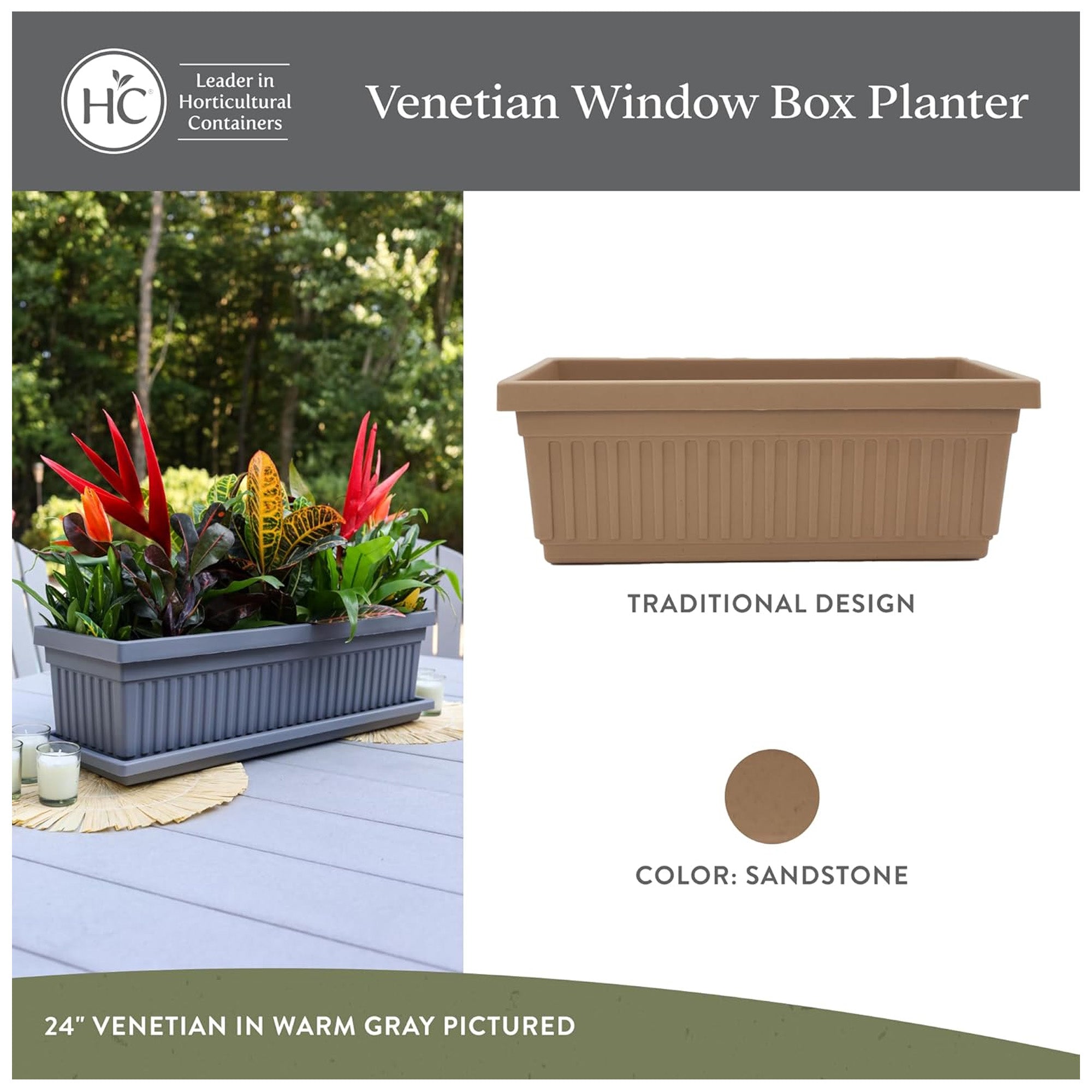 The HC Companies 30-Inch Venetian Window Planter Box with Drain Plug, Sandstone