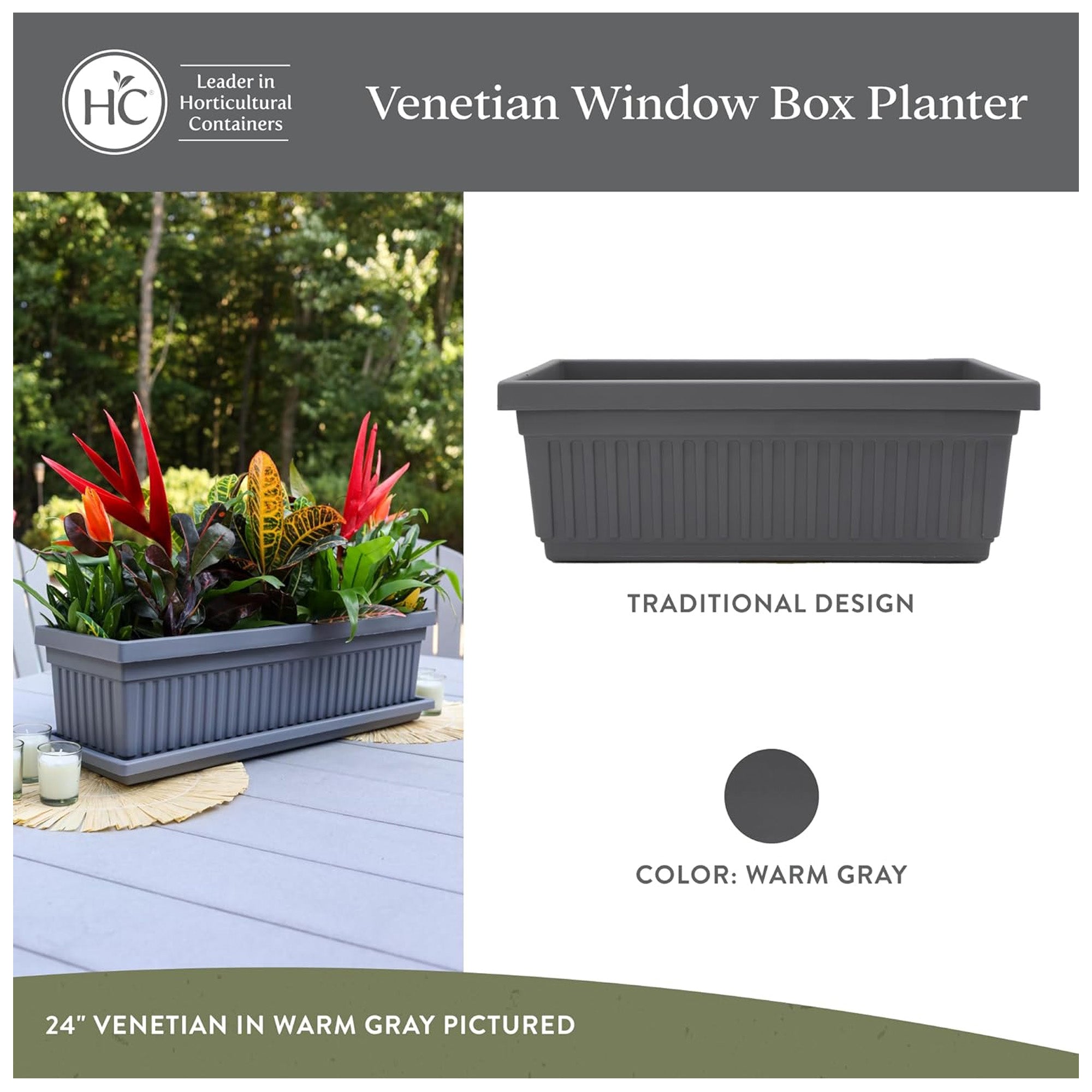 The HC Companies 30-Inch Venetian Window Planter Box with Drain Plug, Warm Gray