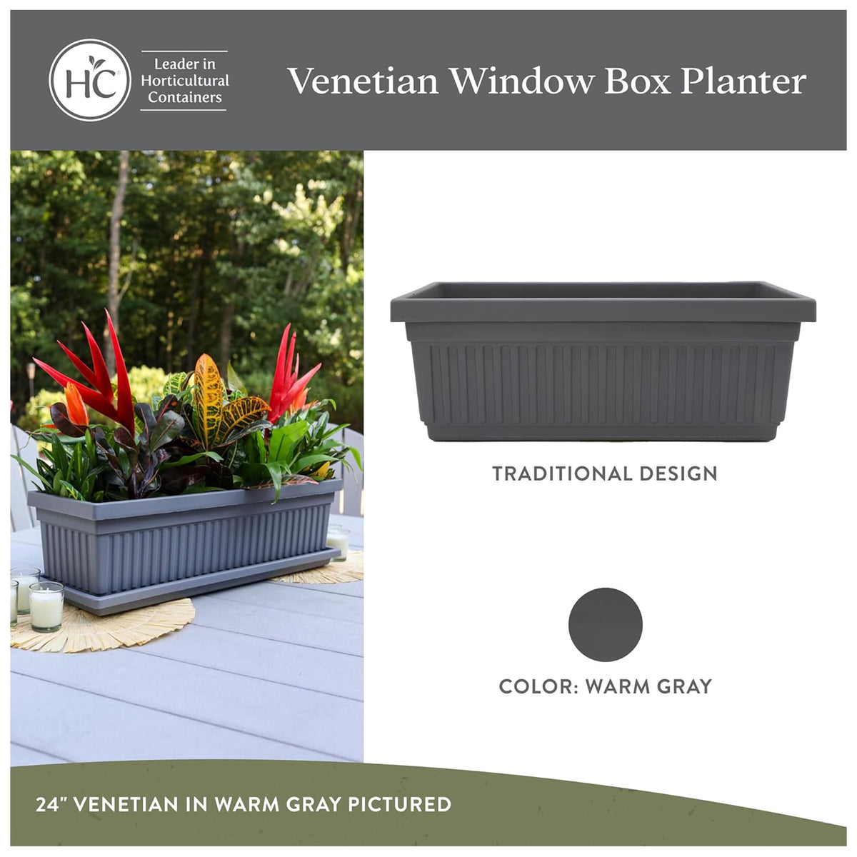 The HC Companies 30-Inch Venetian Window Planter Box with Drain Plug, Warm Gray - VMInnovations