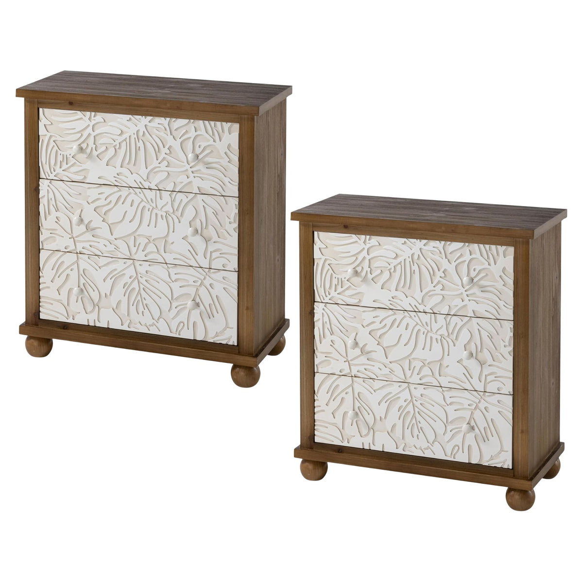 COZAYH Rustic Farmhouse Dresser with Carved Leaves Pattern & 3 Drawers, Set of 2
