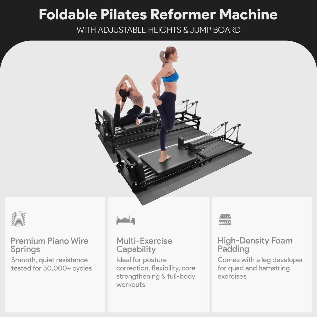 Foldable Pilates Reformer Machine w/ Adjustable Heights & Jump Board (Open Box)