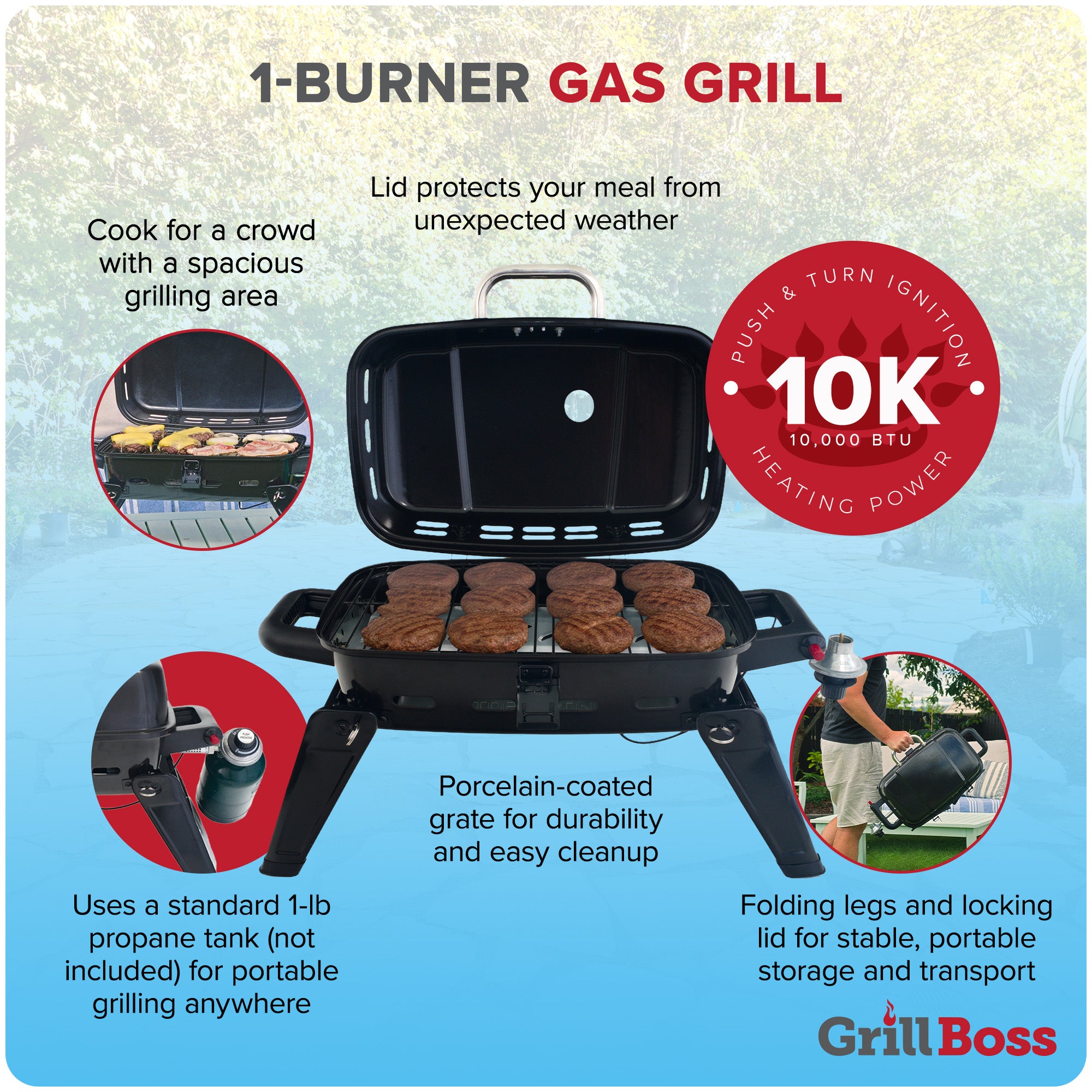 Grill Boss 1 Burner Portable Gas Grill, Propane Tabletop for Outdoor Cooking (Used)