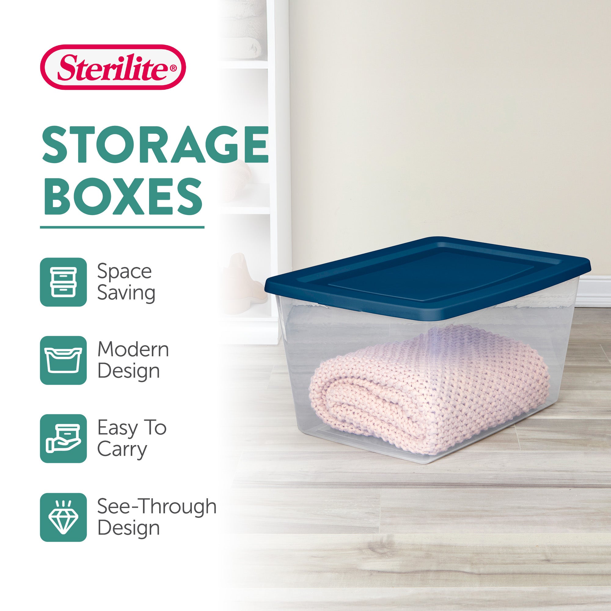 Sterilite 58Qt Storage Boxes, Clear Plastic Containers with Lid, Set of 16, Blue