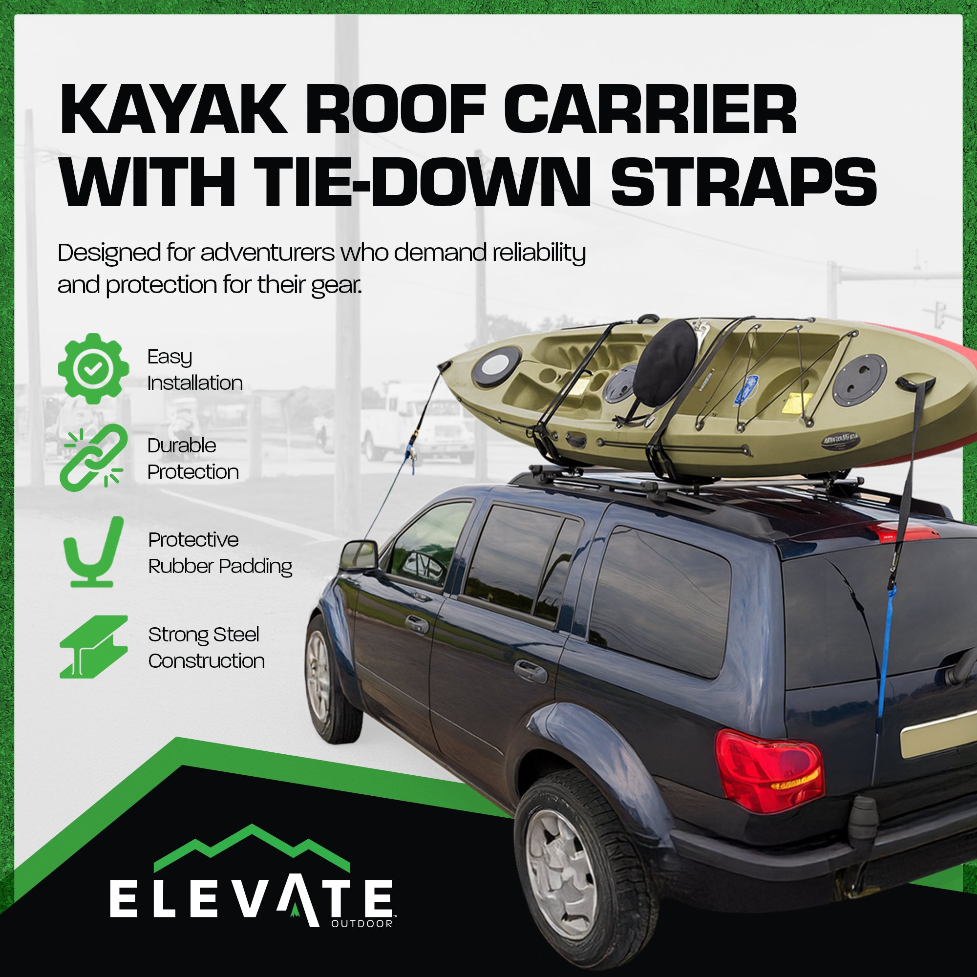 Elevate Outdoor T-Rack Kayak Roof Carrier Rack with 2 98" Safety Tie-Down Straps (Used)