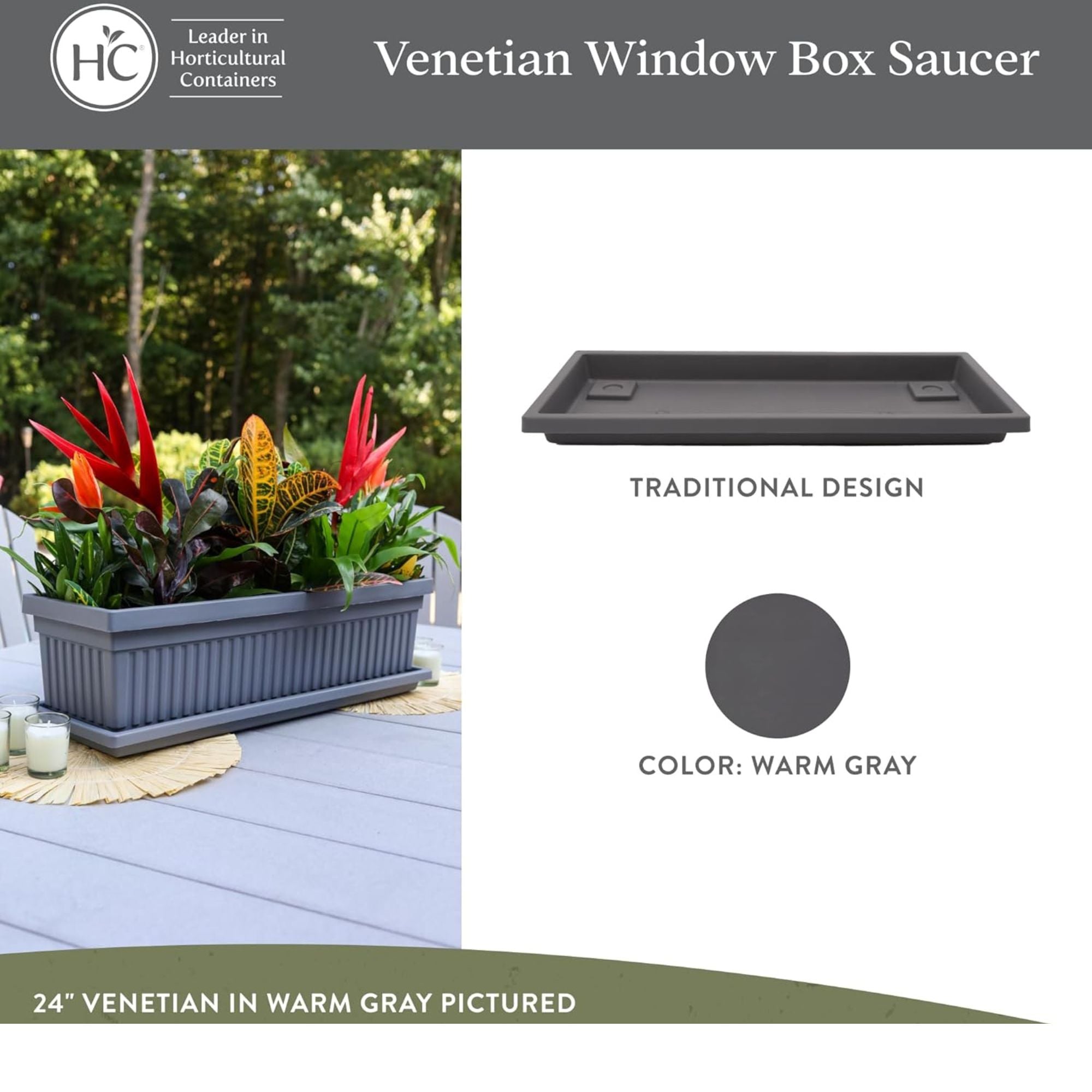 The HC Companies Venetian Rectangular Plant Tray, Plastic Drip Saucer, Warm Gray - VMInnovations