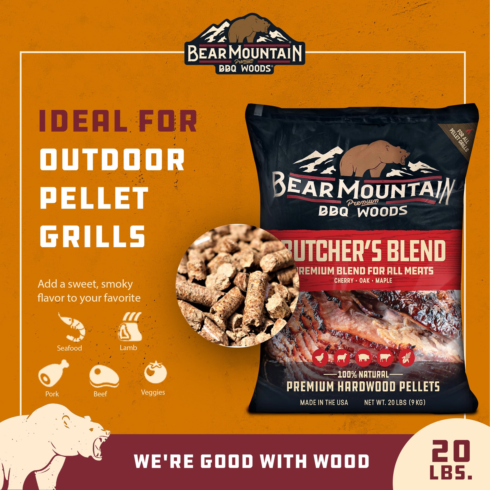 Bear Mountain BBQ All-Natural Woods Butcher's Blend Smoker Pellets, 20 Lb Bag - VMInnovations