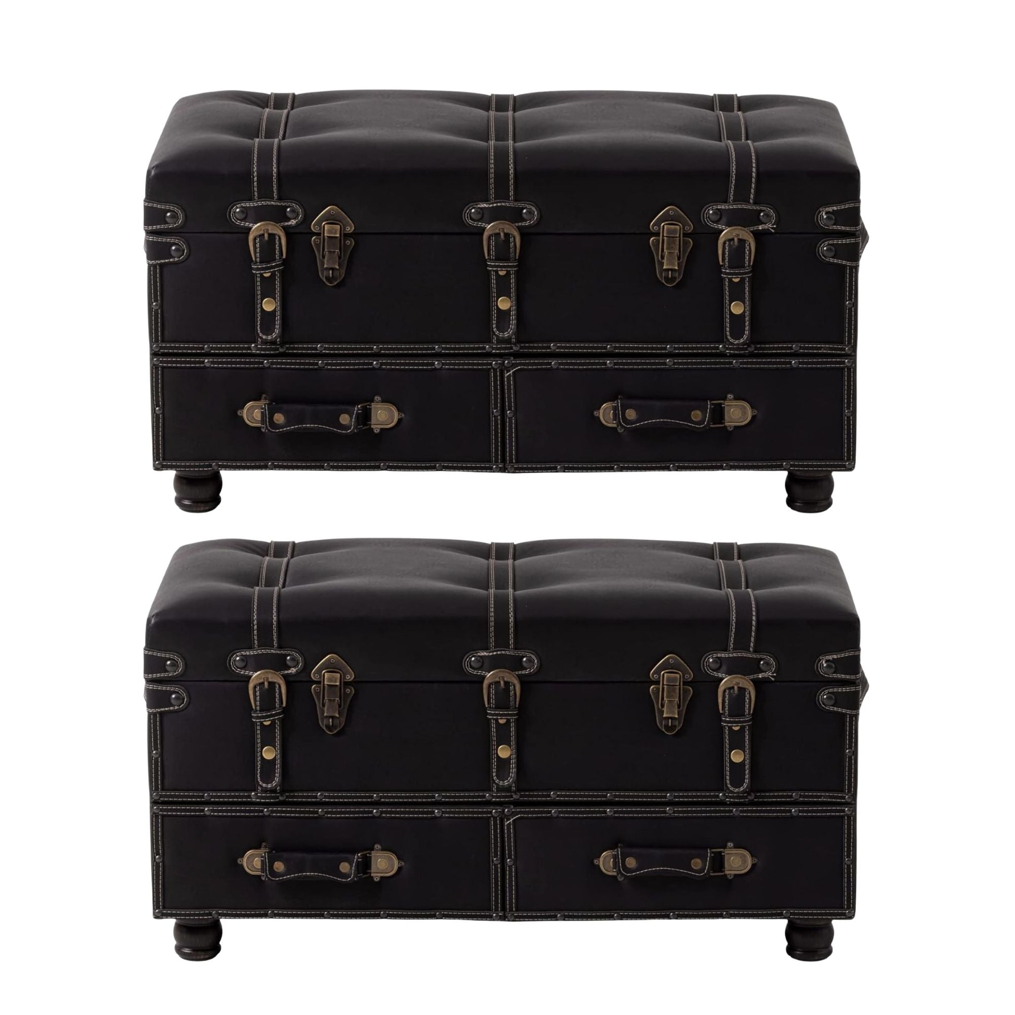 COZAYH Vintage Storage Bench, Upholstered Wooden Ottoman Chest, Black, Set of 2