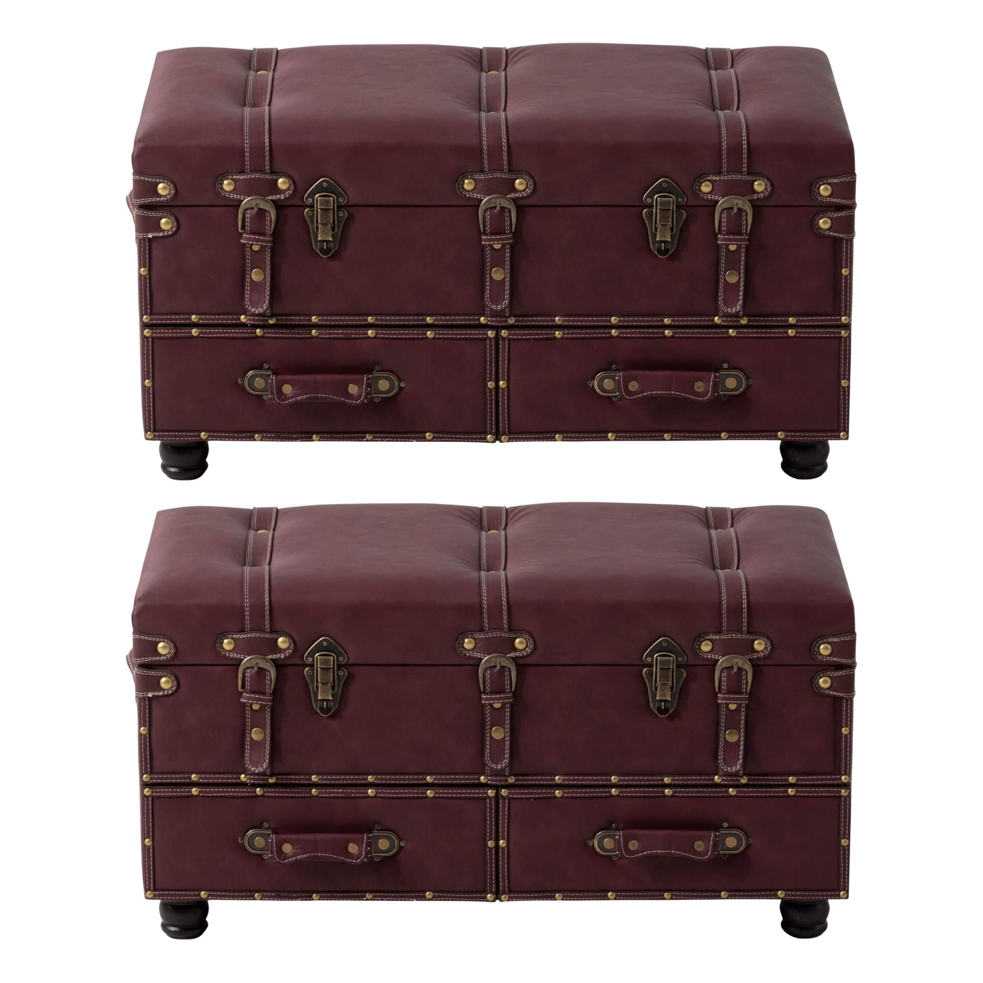 COZAYH Vintage Storage Bench Upholstered Wooden Ottoman Chest, Magenta, Set of 2 - VMInnovations