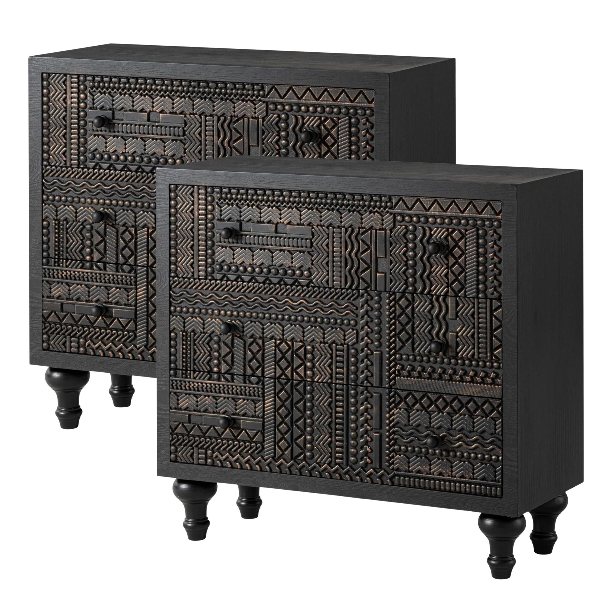 COZAYH Farmhouse 3 Drawer Home Dresser with Geometric Pattern, Black, Set of 2 - VMInnovations