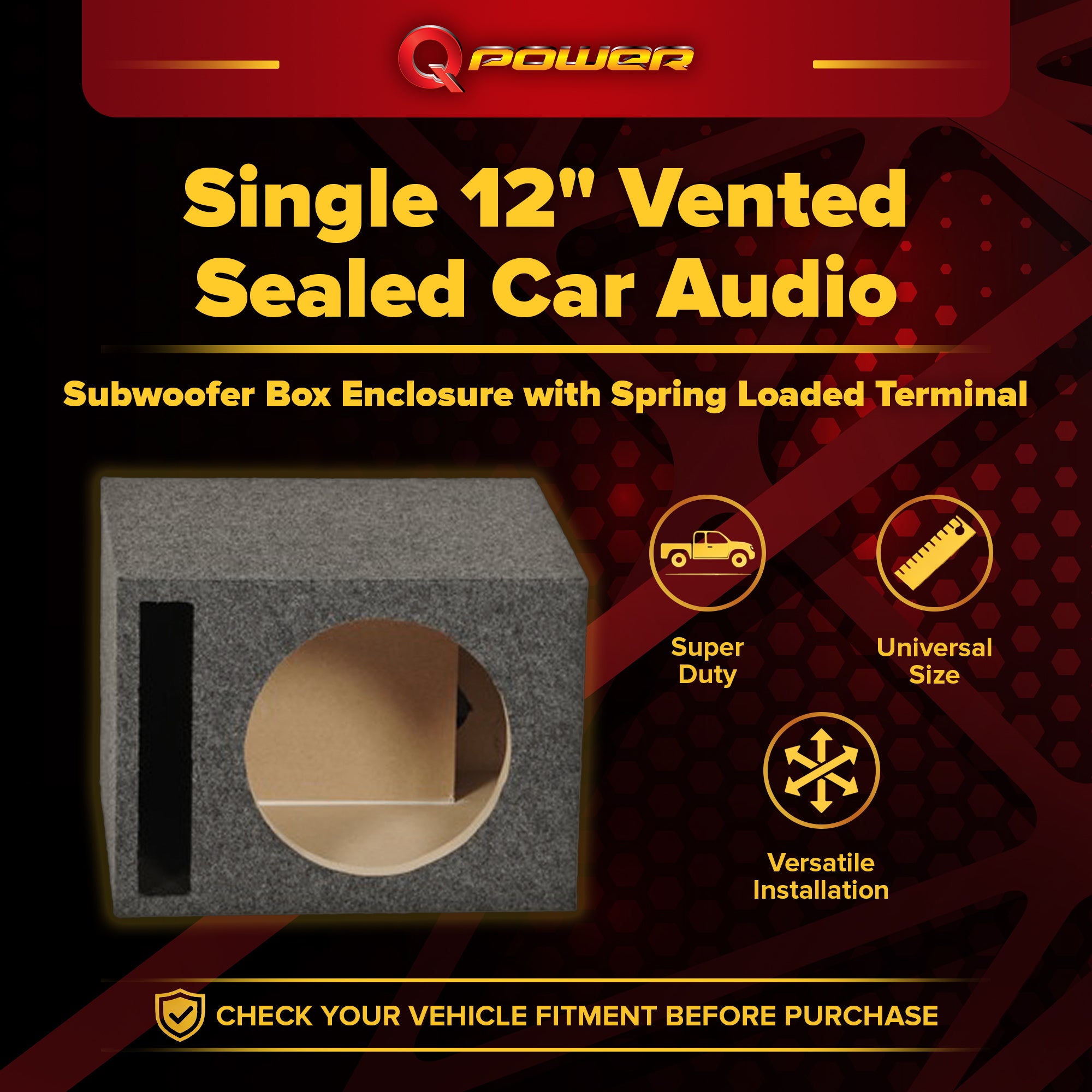 Q Power Single 12-Inch Vented Heavy Duty Subwoofer Enclosure, Charcoal Grey - VMInnovations
