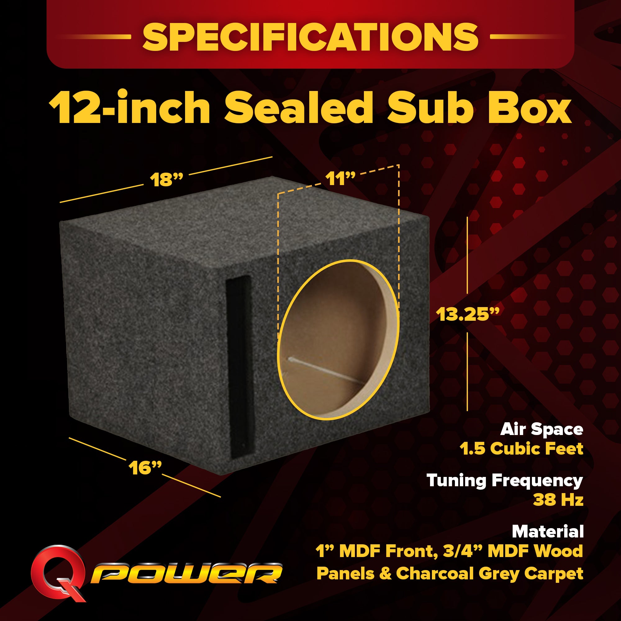 Q Power Single 12-Inch Vented Heavy Duty Subwoofer Enclosure, Charcoal Grey - VMInnovations