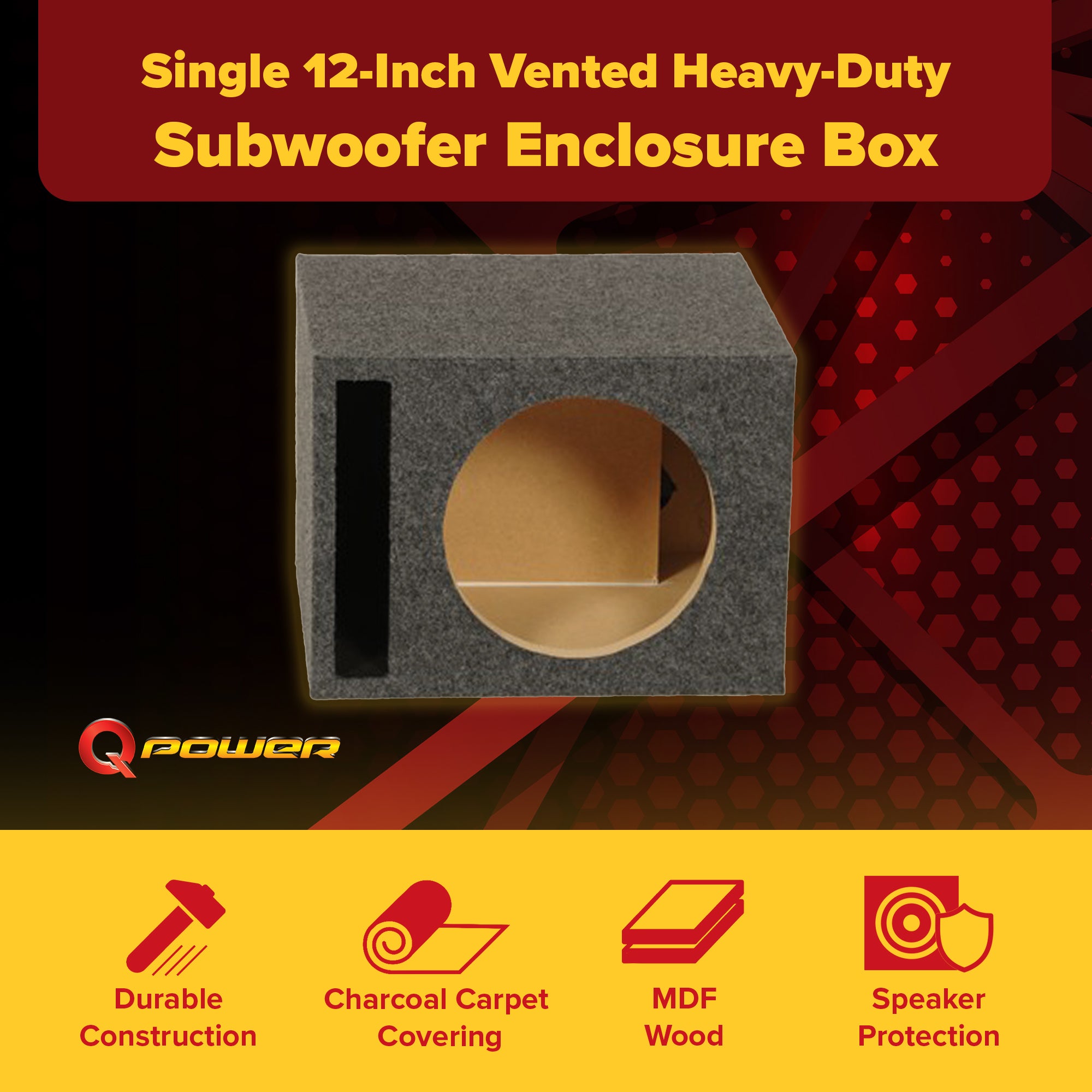 Q Power Single 12-Inch Vented Heavy Duty Subwoofer Enclosure, Grey (Open Box)