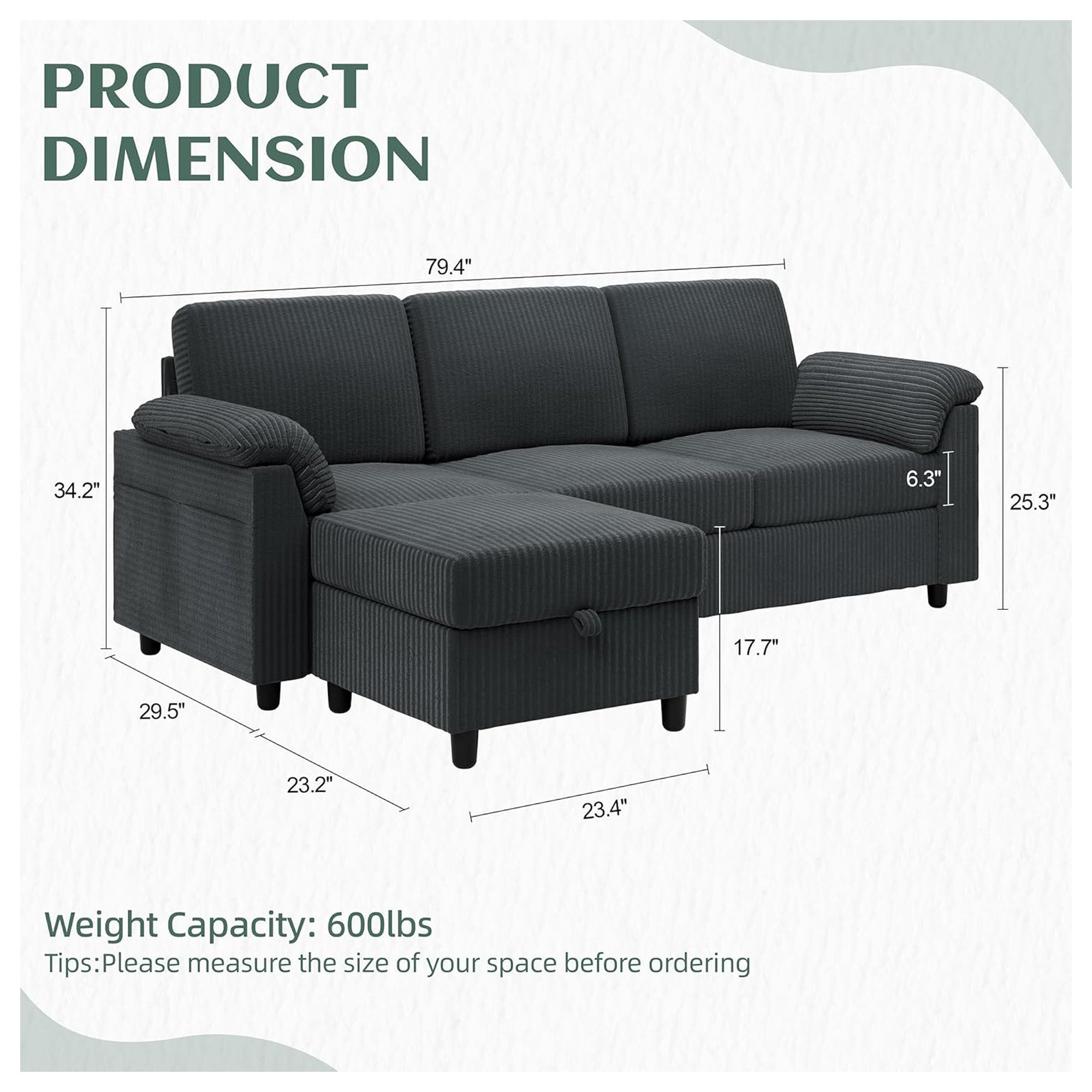 Vongrasig 79" Sectional Sofa w/Ottoman, L Shaped 3 Seat Furniture (For Parts) - VMInnovations