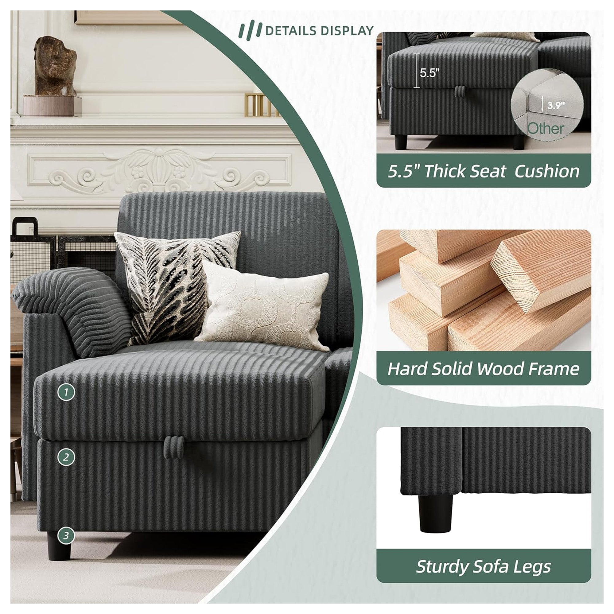 Vongrasig 79" Sectional Sofa w/ Ottoman, L Shaped 3 Seat Furniture (Open Box) - VMInnovations