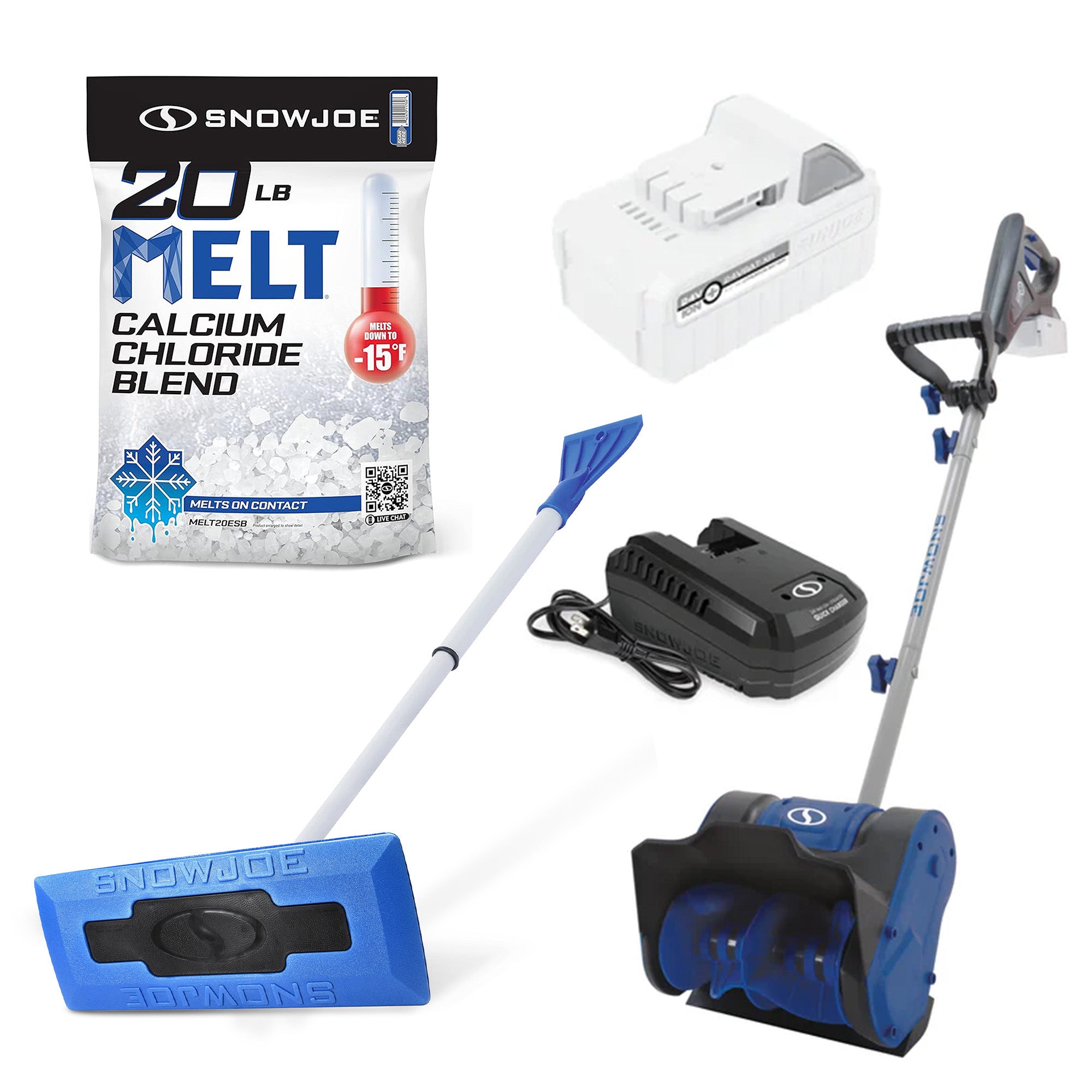 Snow Joe Calcium Chloride Ice Melt 20 Lbs, Windshield Scraper & Cordless Shovel