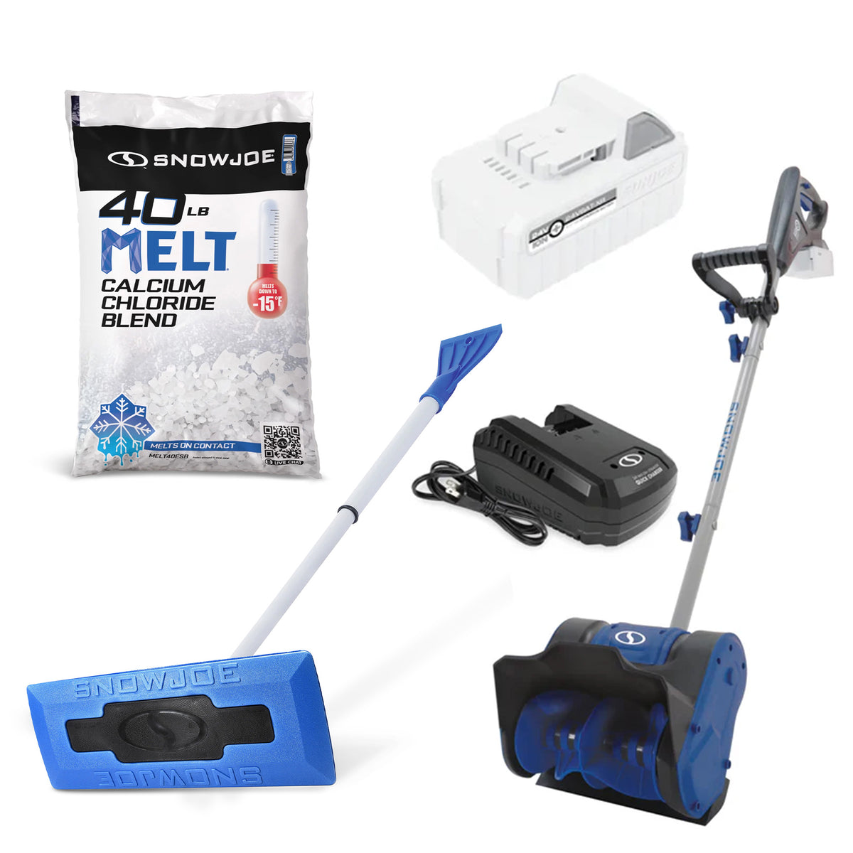 Snow Joe Calcium Chloride Ice Melt 40 Lbs, Windshield Scraper & Cordless Shovel