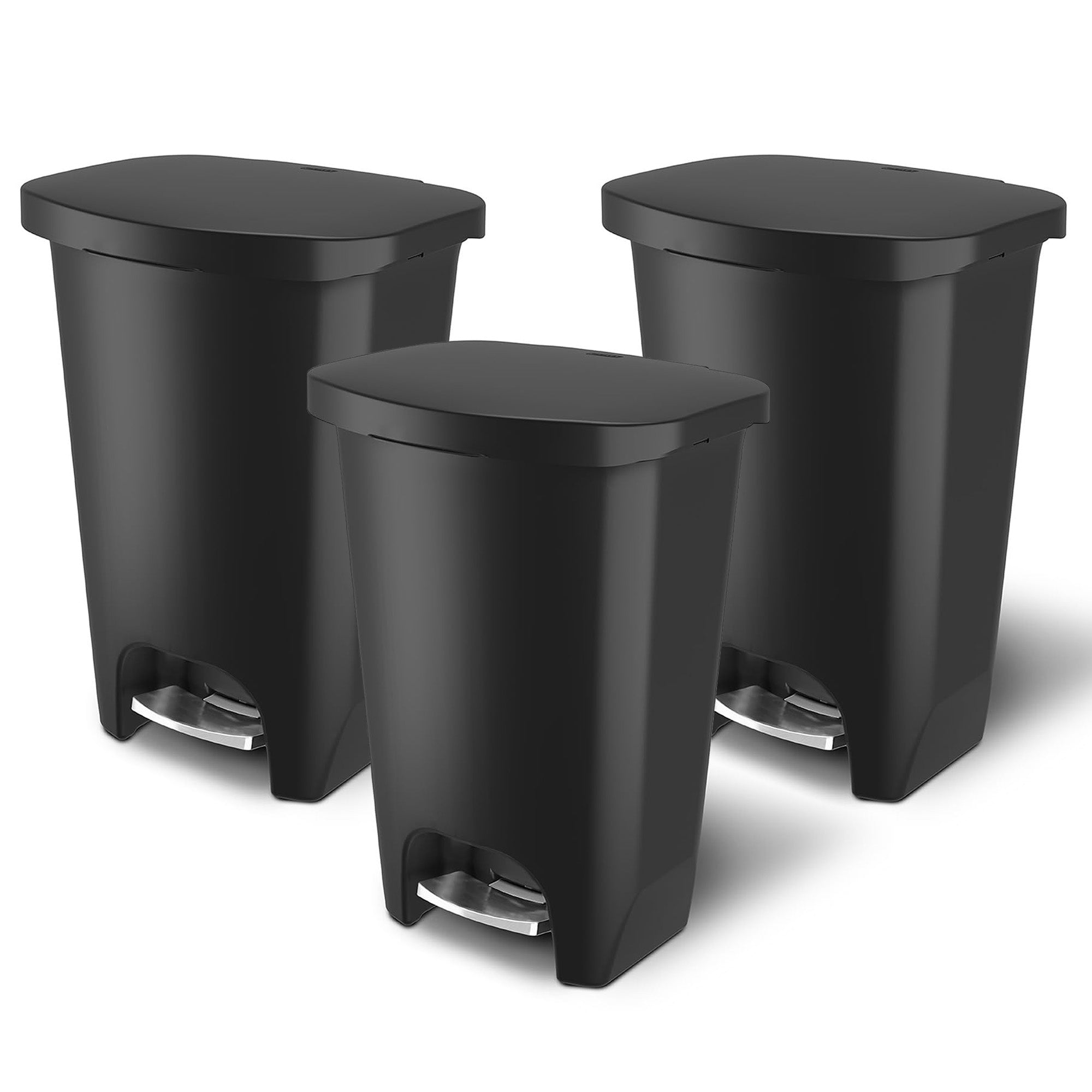 Glad Trash Can w/ Lid, Stainless Pedal, Garbage Bag Rings, 20 Gal, Black, 3 Pack - VMInnovations