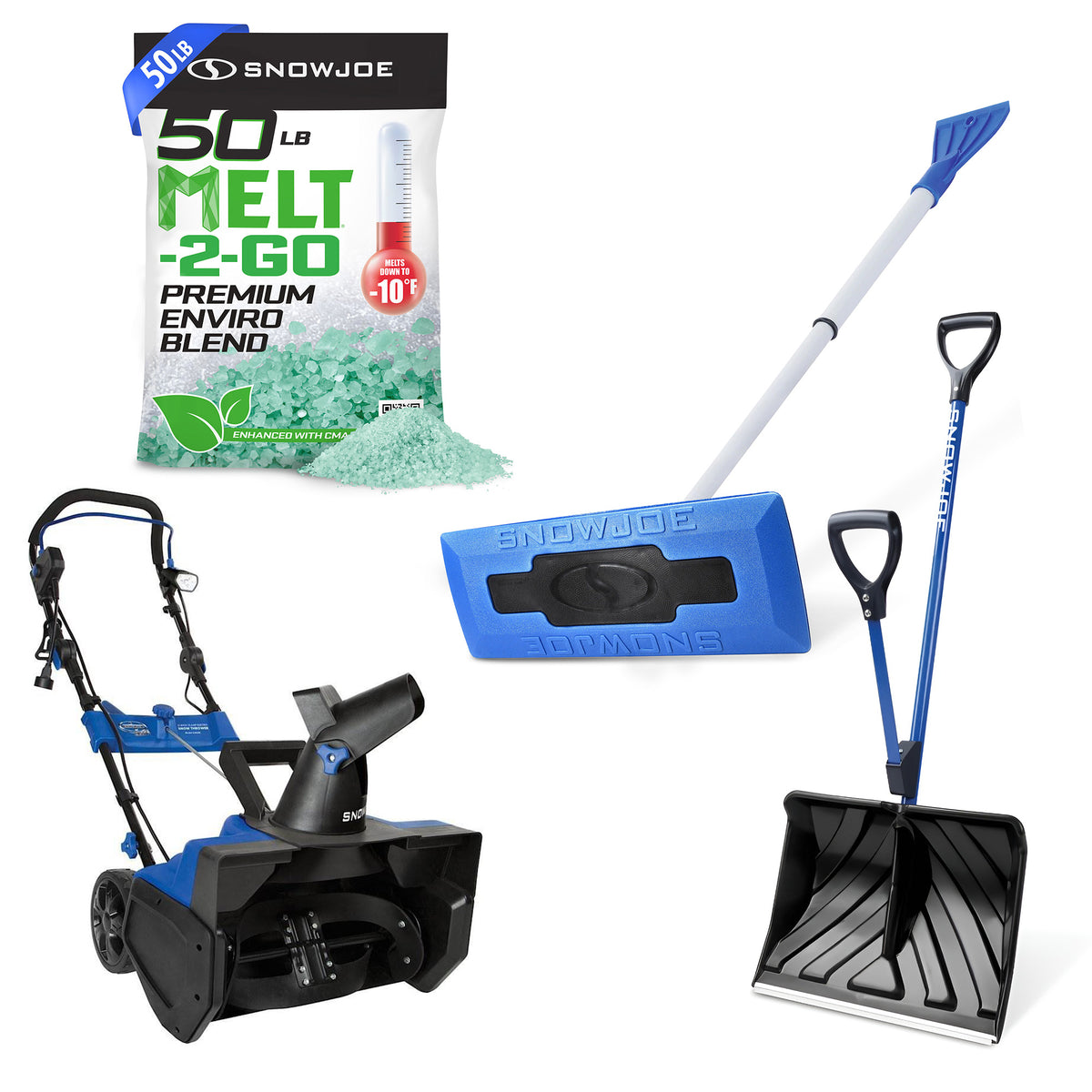 Snow Joe Melt Enviro Blend 50 Lbs, Shovelution Shovel, Corded Thrower & Scraper