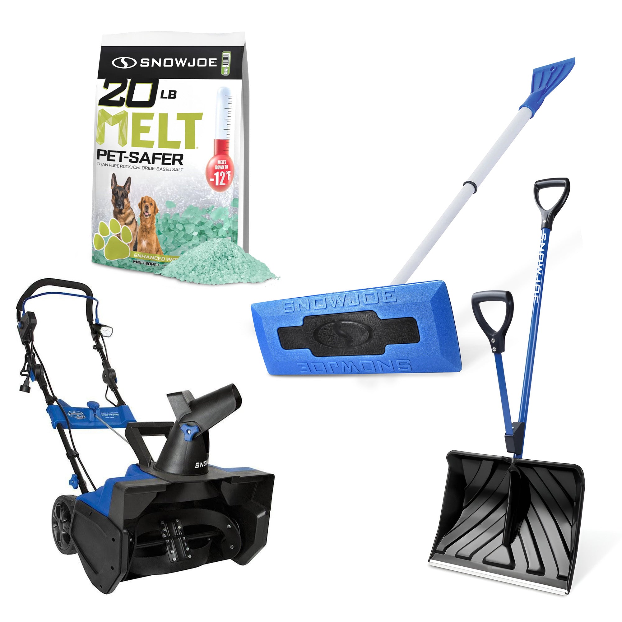 Snow Joe Pet-Safer Ice Melt 25 Lbs, Shovelution Shovel, Corded Thrower & Scraper - VMInnovations