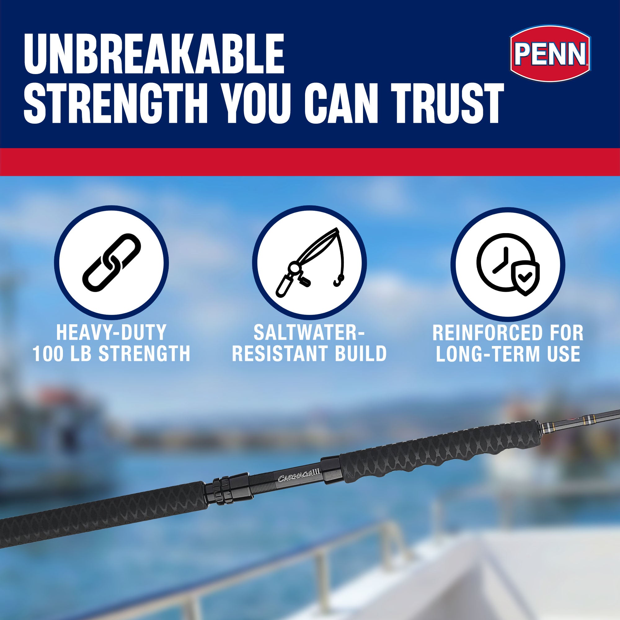 Penn Carnage III Conventional Spinning Fishing Rod 8’, up to 100 Lbs (Open Box)