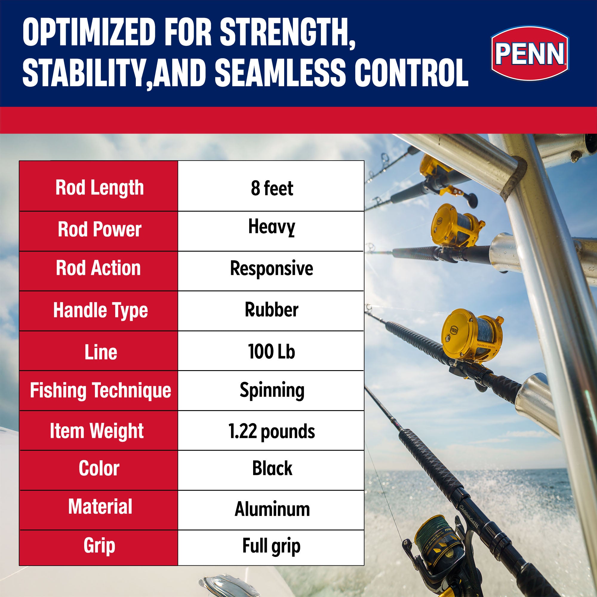 Penn Carnage III Conventional Spinning Fishing Rod 8’, up to 100 Lbs (Open Box)