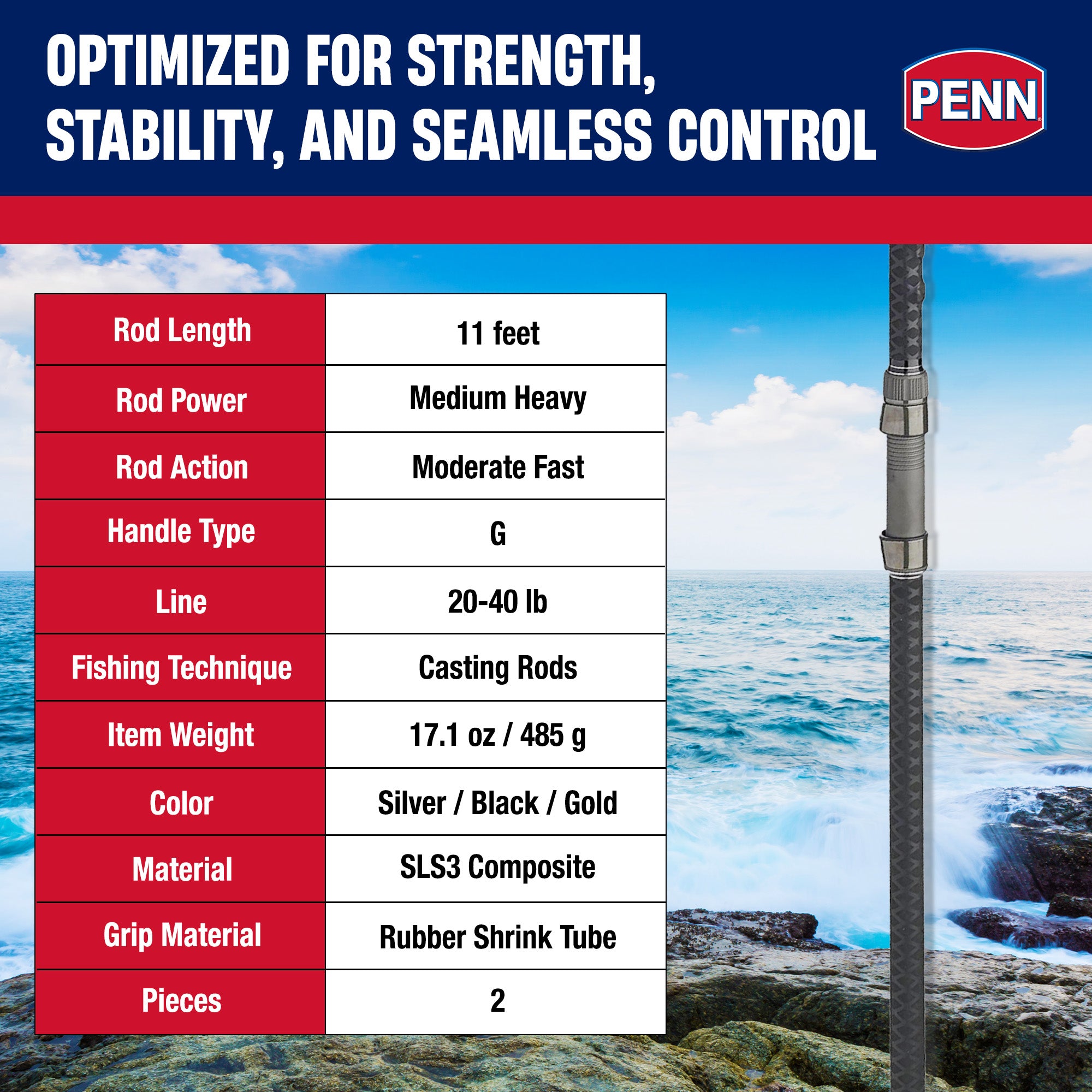 Penn Carnage III Surf Conventional Casting Fishing Rod 11’, up to 40 Lbs, Black - VMInnovations