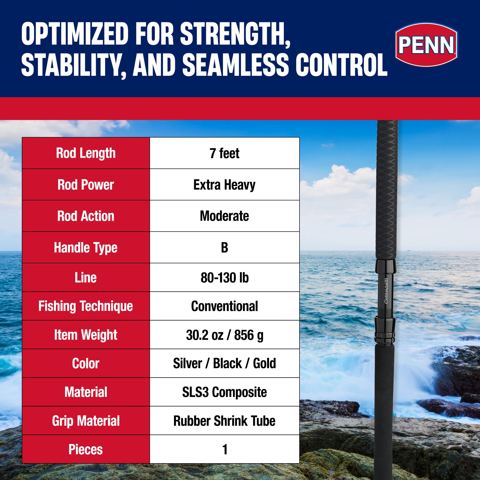 Penn Carnage III Boat Conventional WC Spinning Fishing Rod 7’, up to 130 Pounds - VMInnovations