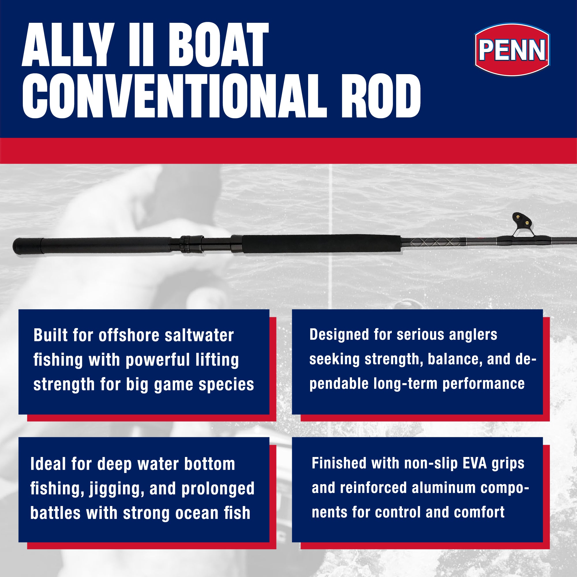 Penn Ally II Boat Conventional Casting Fishing Rod 6 Ft, up to 80 Lbs (Open Box)