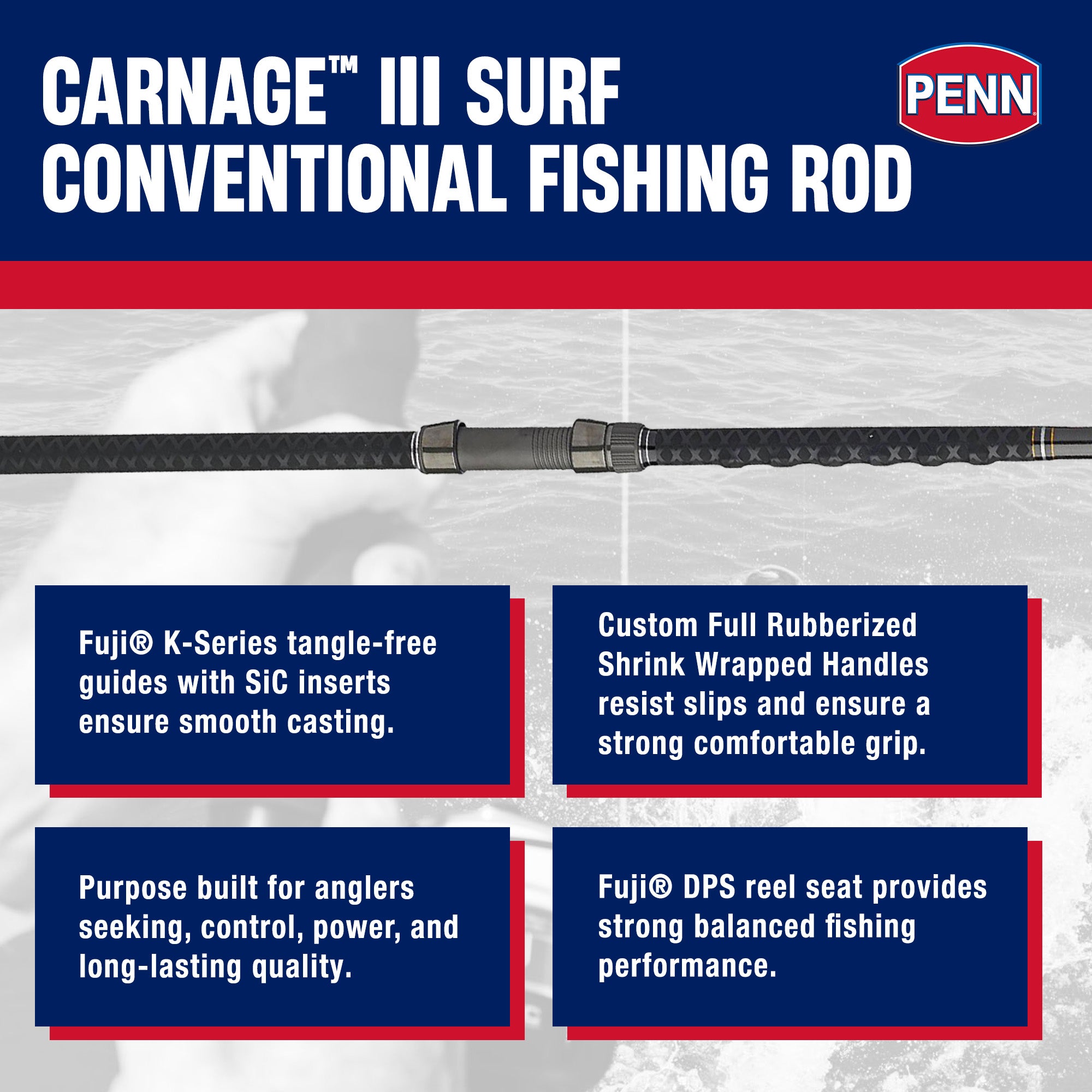 Penn Carnage III Surf Conventional Casting Fishing Rod 12’, up to 50 Lbs, Black