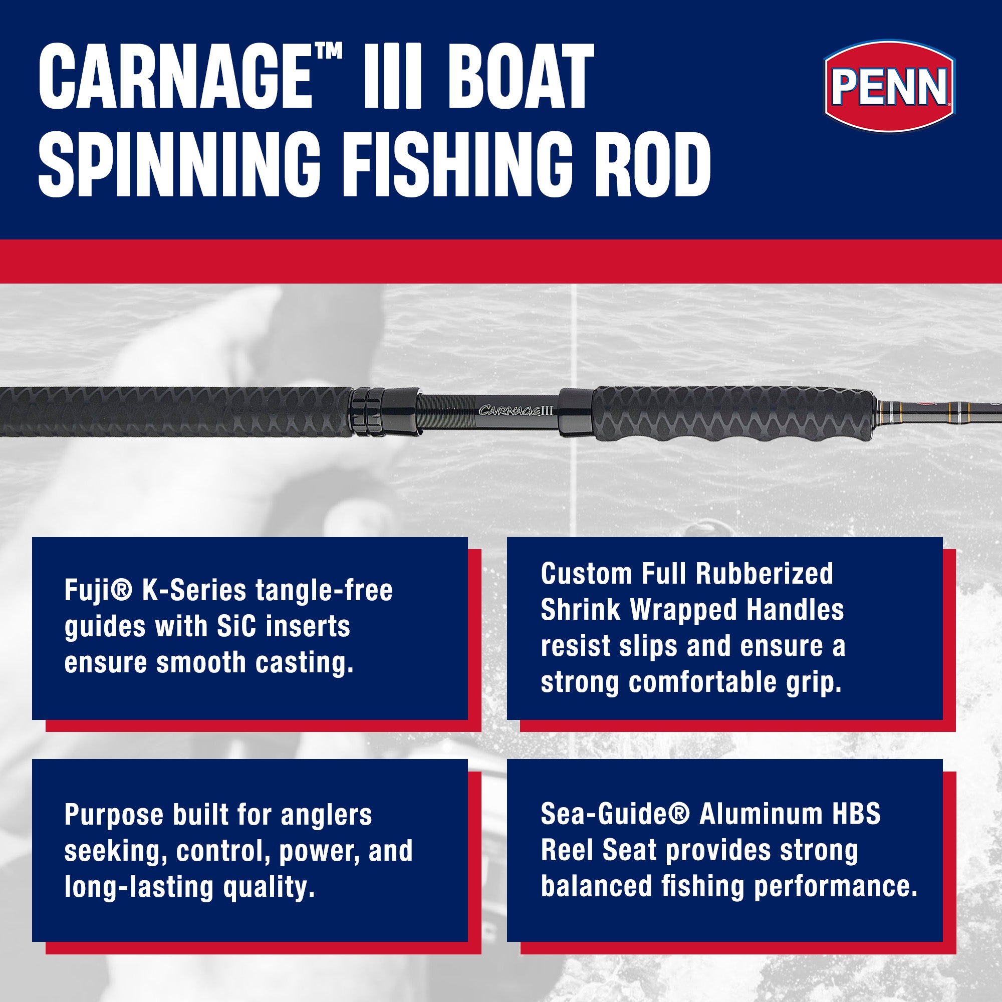 Penn Carnage III Boat Conventional Spinning Fishing Rod 7’, (Open Box)