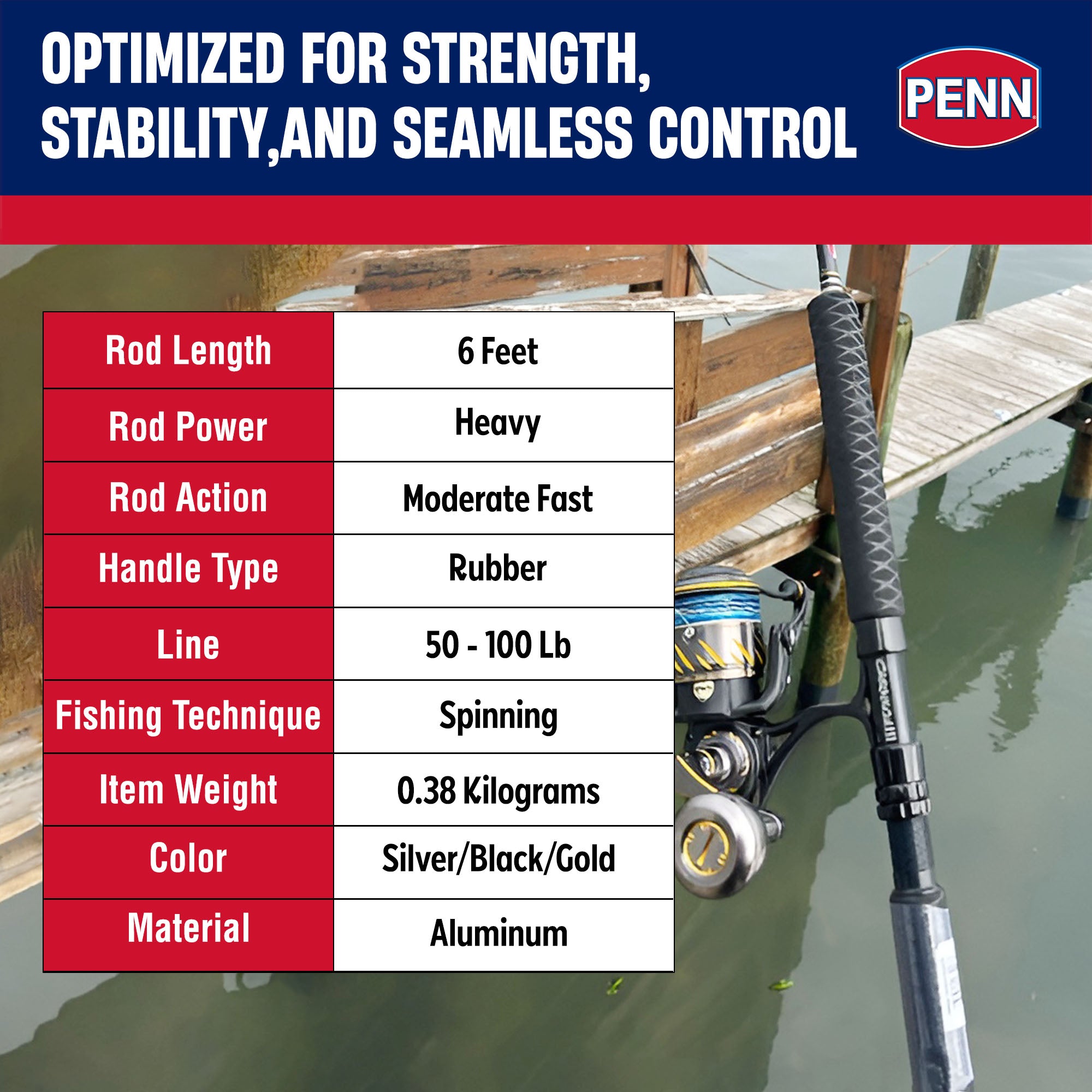 Penn Carnage III Boat Conventional Spinning Rod 6’, up to 100 Lbs (Open Box)