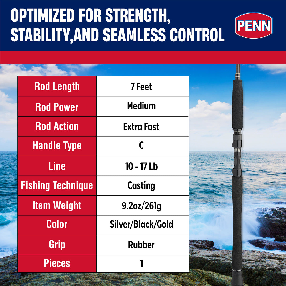 Penn Carnage III Inshore Casting Fishing Rod, 7Ft, Loads up to 30 Lbs (Open Box)