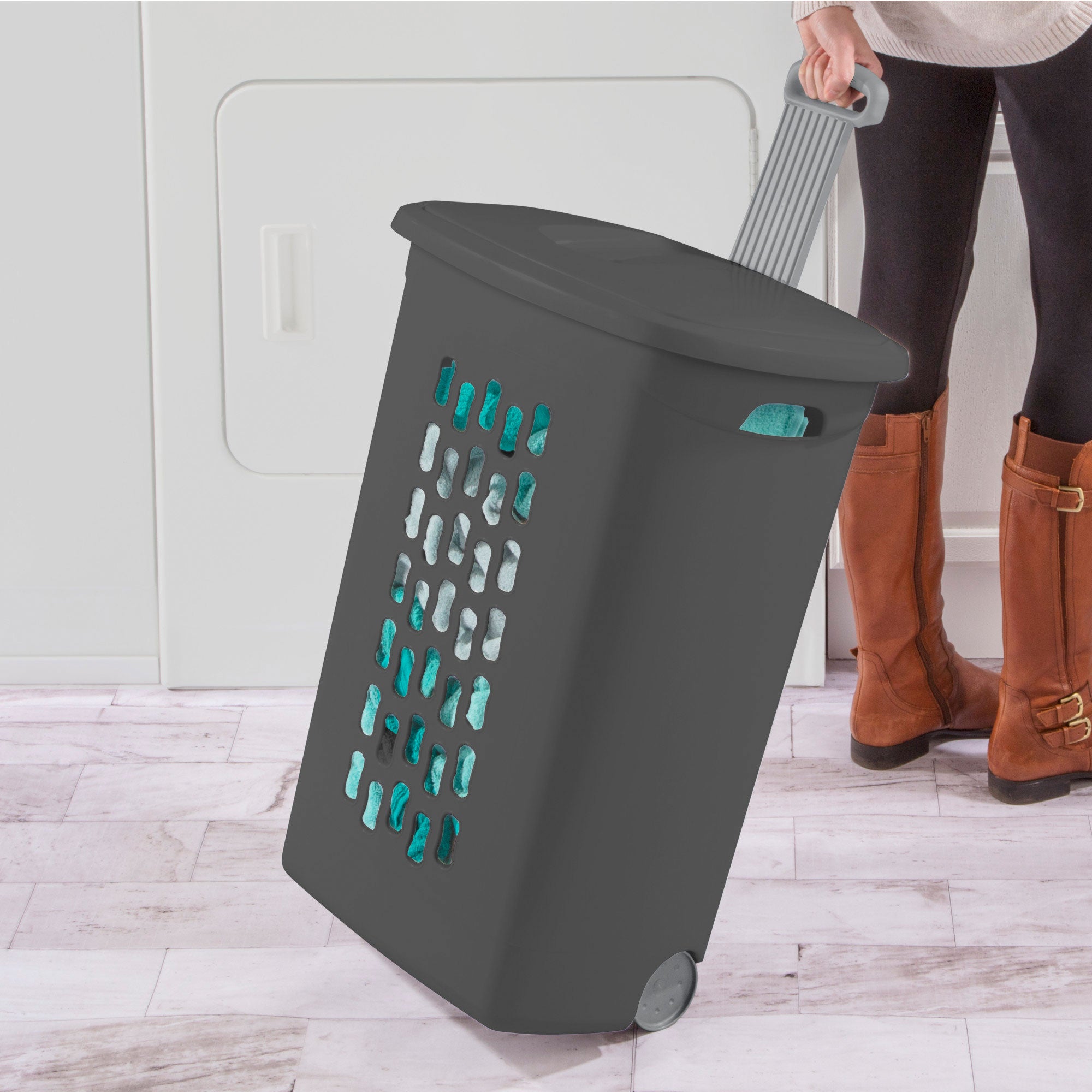 Sterilite Ultra Wheeled Hamper, Laundry Basket w/Lid & Handle, Flat Grey, 3 Pack - VMInnovations
