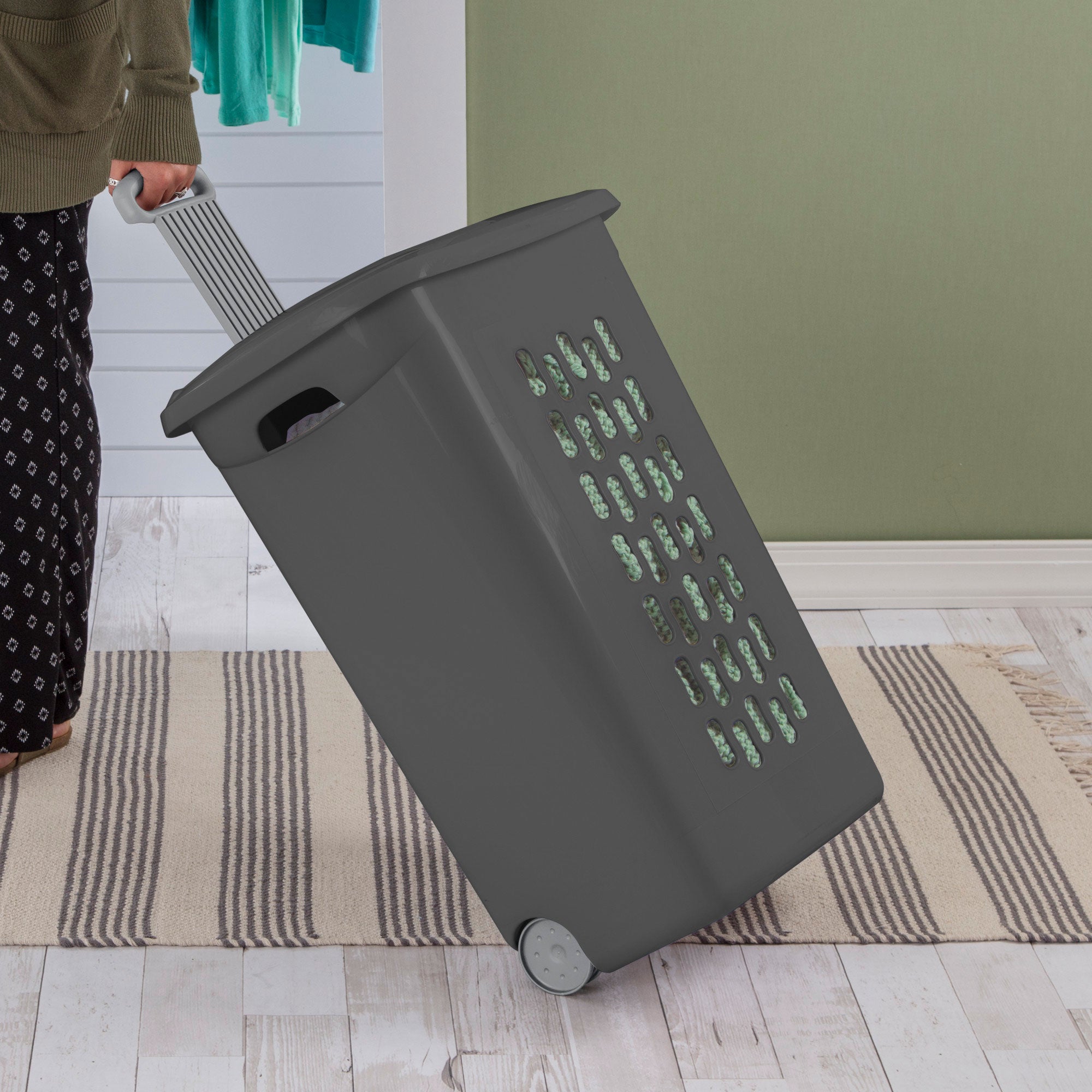 Sterilite Ultra Wheeled Hamper, Laundry Basket w/Lid & Handle, Flat Grey, 3 Pack - VMInnovations