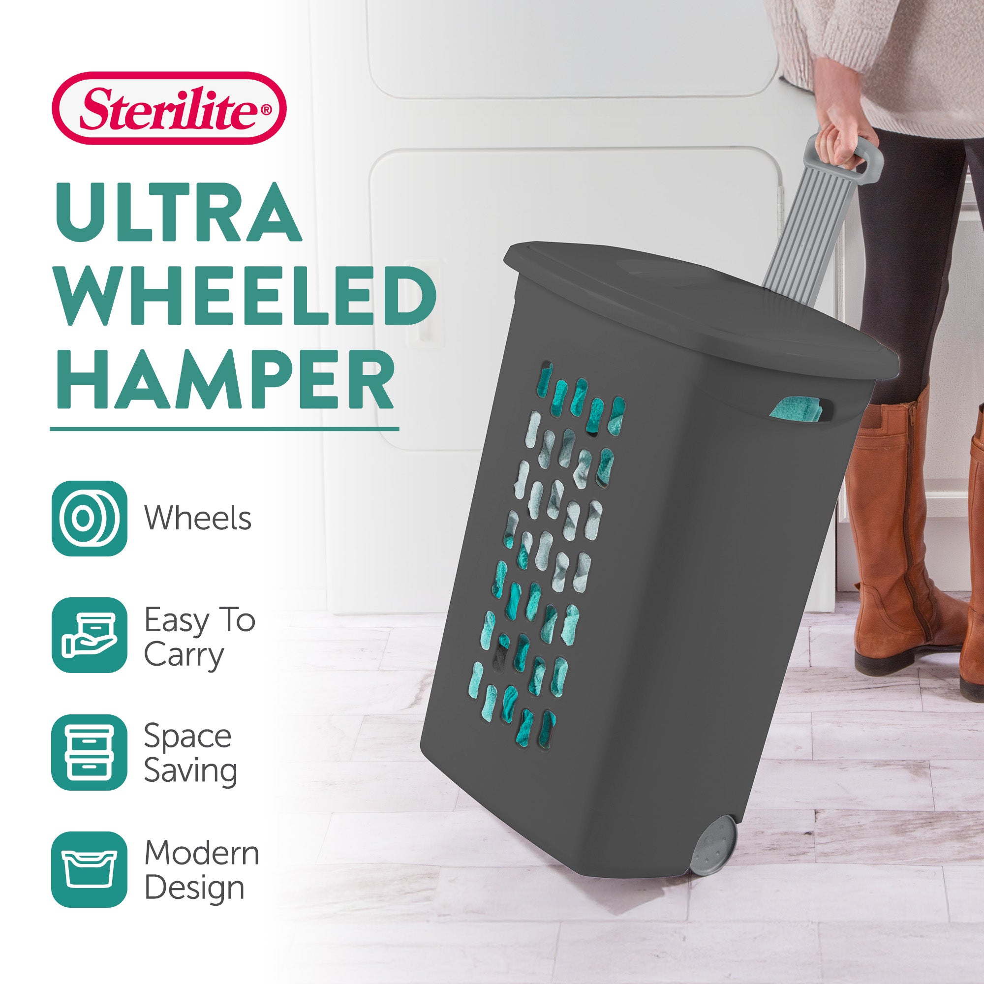 Sterilite Ultra Wheeled Hamper, Laundry Basket w/Lid & Handle, Flat Grey, 3 Pack - VMInnovations