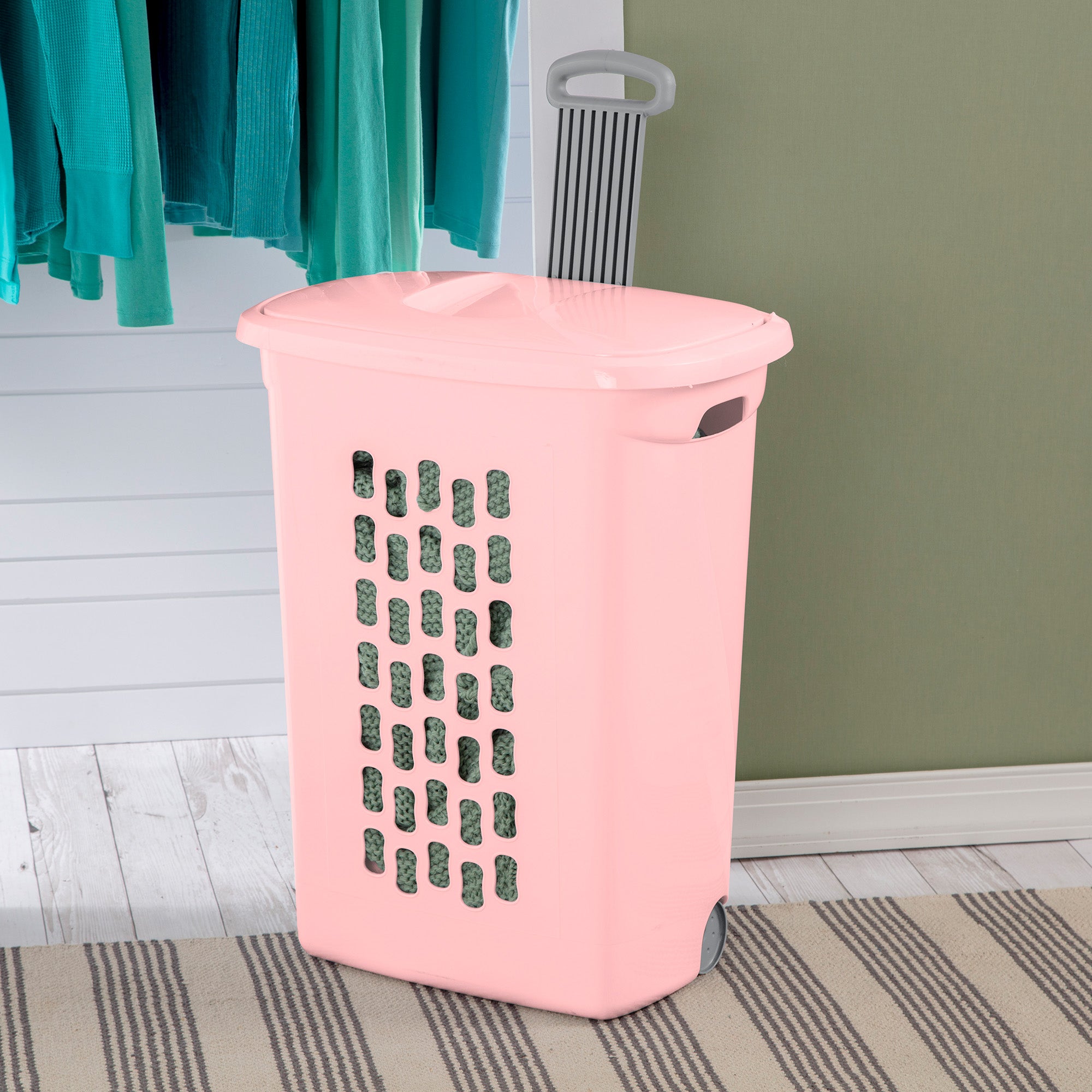 Sterilite Ultra Wheeled Hamper, Laundry Basket w/Lid & Handle,Pink Frost, 3 Pack - VMInnovations