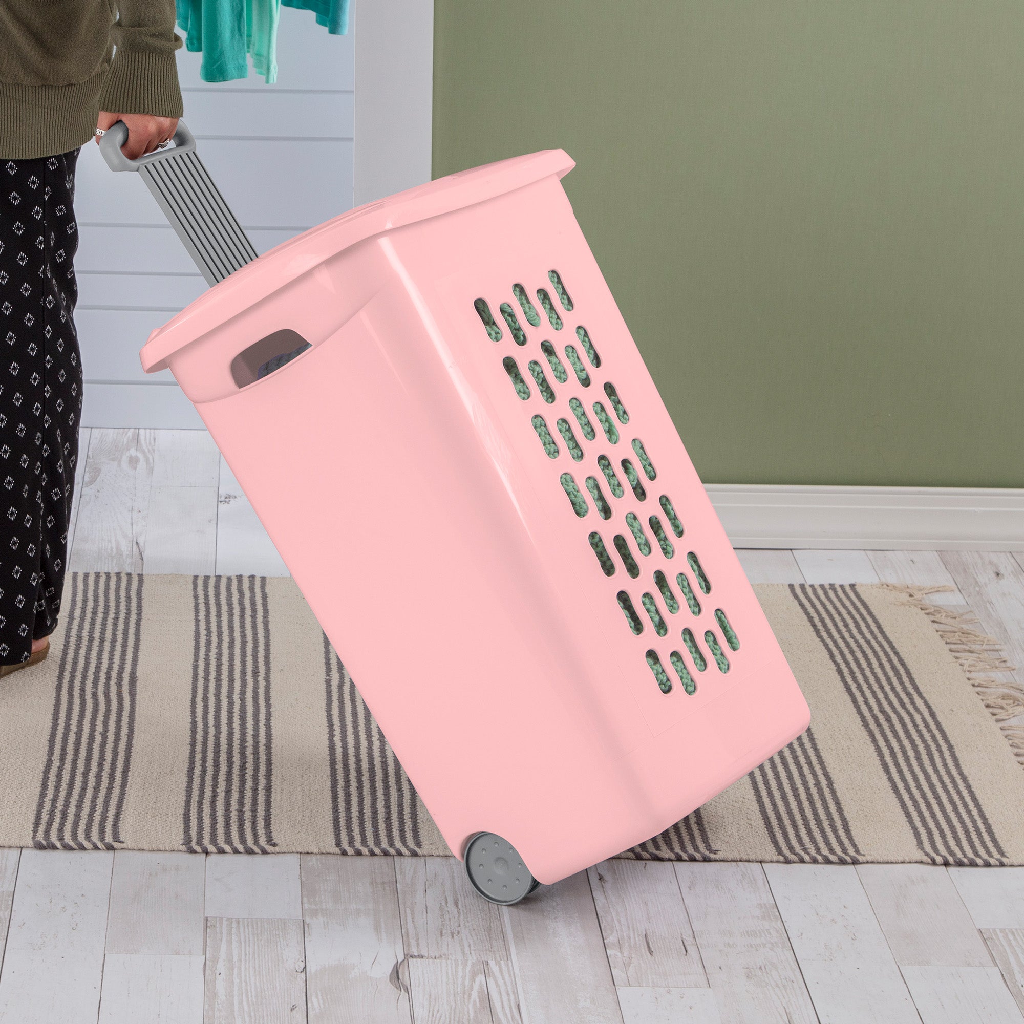 Sterilite Ultra Wheeled Hamper, Laundry Basket w/Lid & Handle,Pink Frost, 3 Pack - VMInnovations