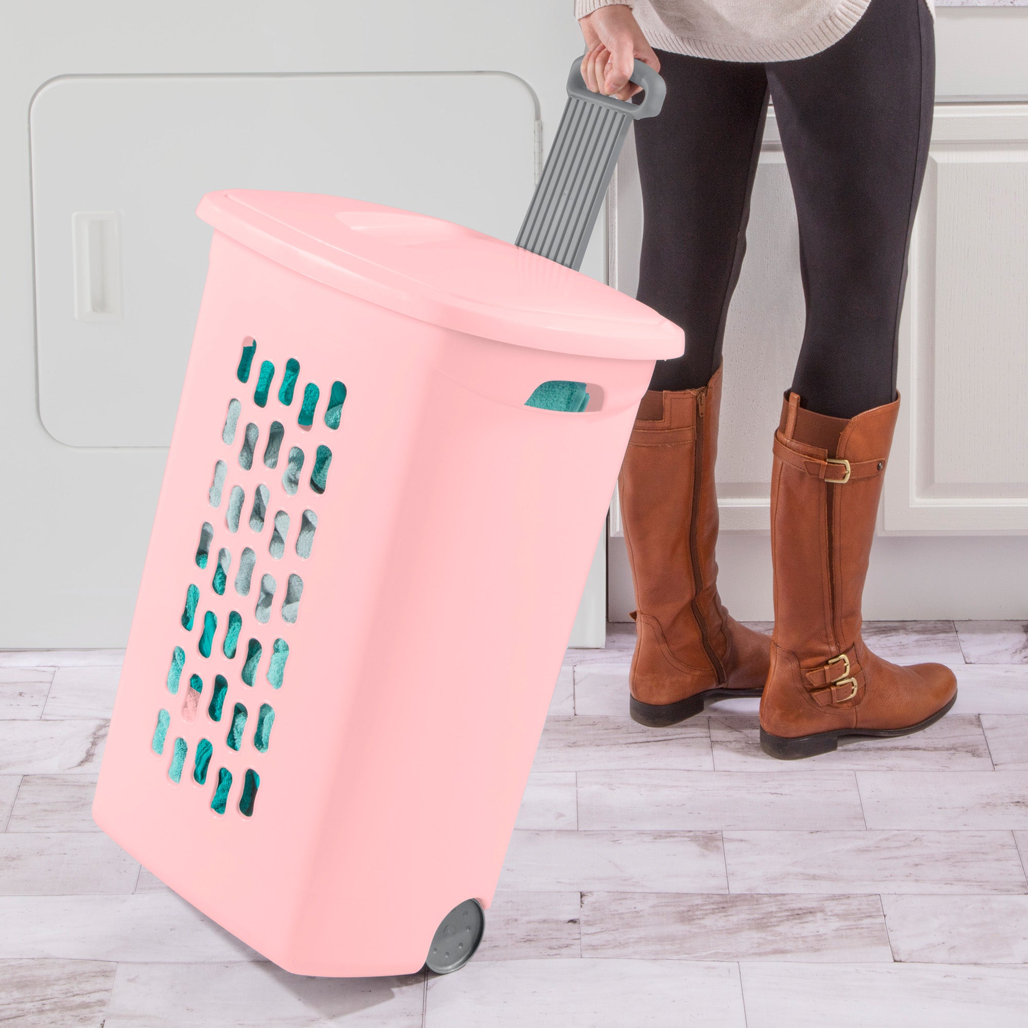 Sterilite Ultra Wheeled Hamper, Laundry Basket w/Lid & Handle,Pink Frost, 3 Pack - VMInnovations