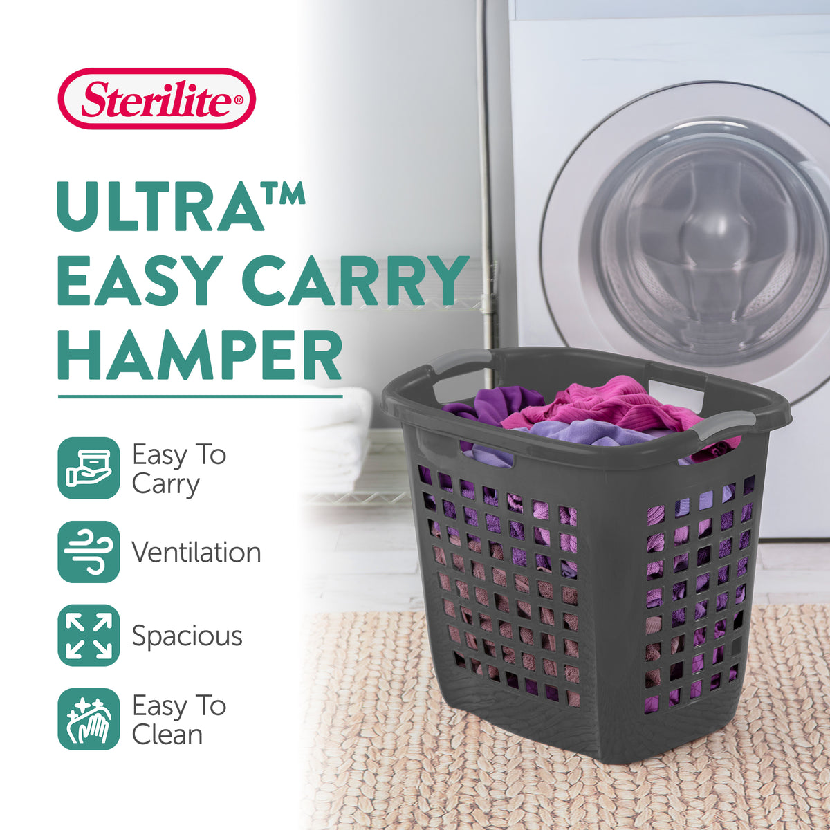 Sterilite Ultra Easy Carry Laundry Basket, 2.1 Bushel with Handles, Grey, 4 Pack - VMInnovations